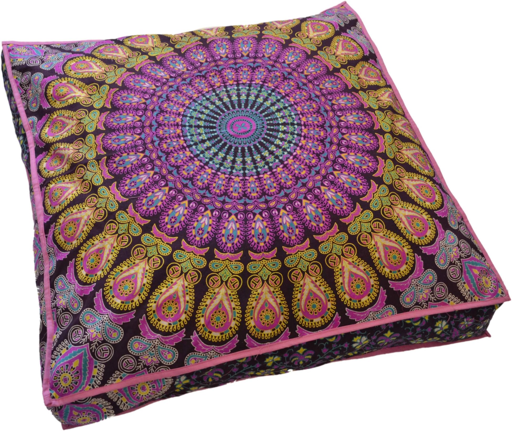 Indian tapestry decorative pillow cover, indian floor pouf ottoman, dog bed, boho decor, handmade floor pillow, boho mandala cushion cover, indian pet beds made mandala tapestry yoga mat (Cover Only)
