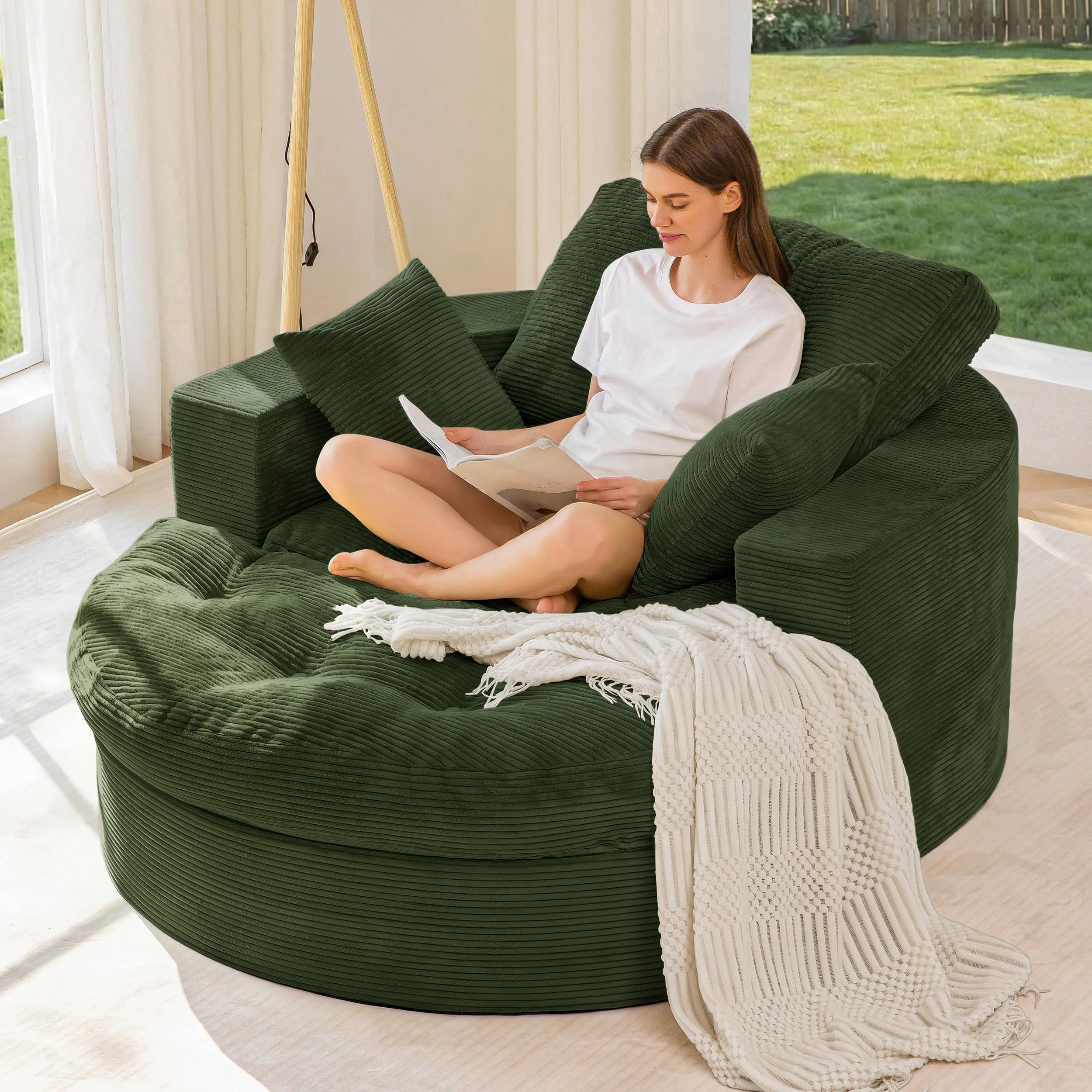 MAXYOYO Oversized Round Chaise Lounge Sofa, Boneless Chair with Ottoman | Dark Green Upholstered Reading Chair Has a Deep Seat and 3 Pillows, with No Assembly Required for Living Rooms or Bedrooms.