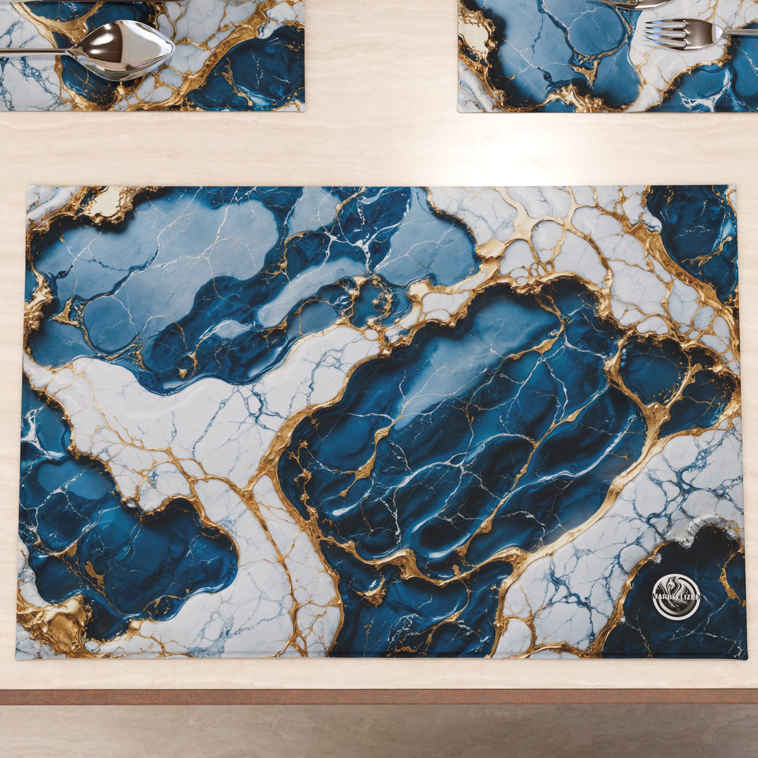 MARBLELIZED, Washable American Placemats, Blue Marble Effect Fabric Placemats, Set of 2 (30 x 45 cm), Elegant