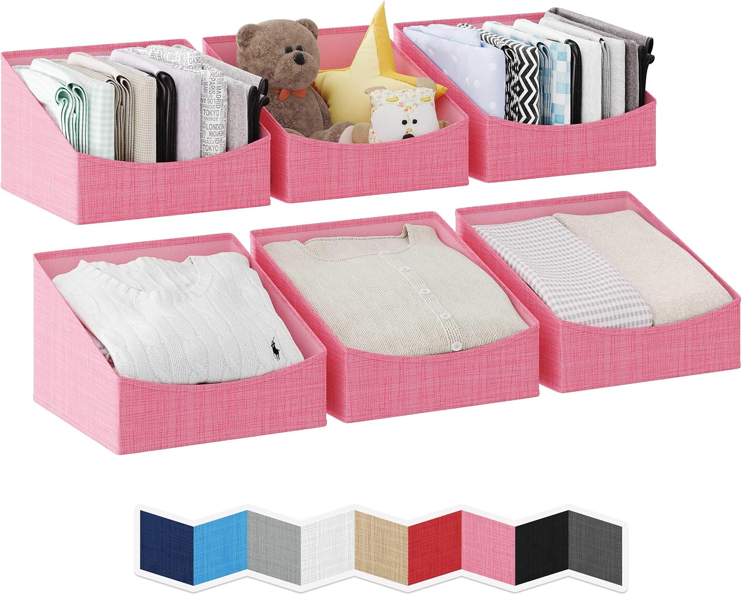 NEATERIZE Storage Baskets For Shelves - [Set of 6] - Sloped Cut Closet Storage Cube Bins | Fabric Cloth Organizing Shelf Organizer Bins For Bathroom, Nursery, Towels, Linen And Shoes (Small – Pink)