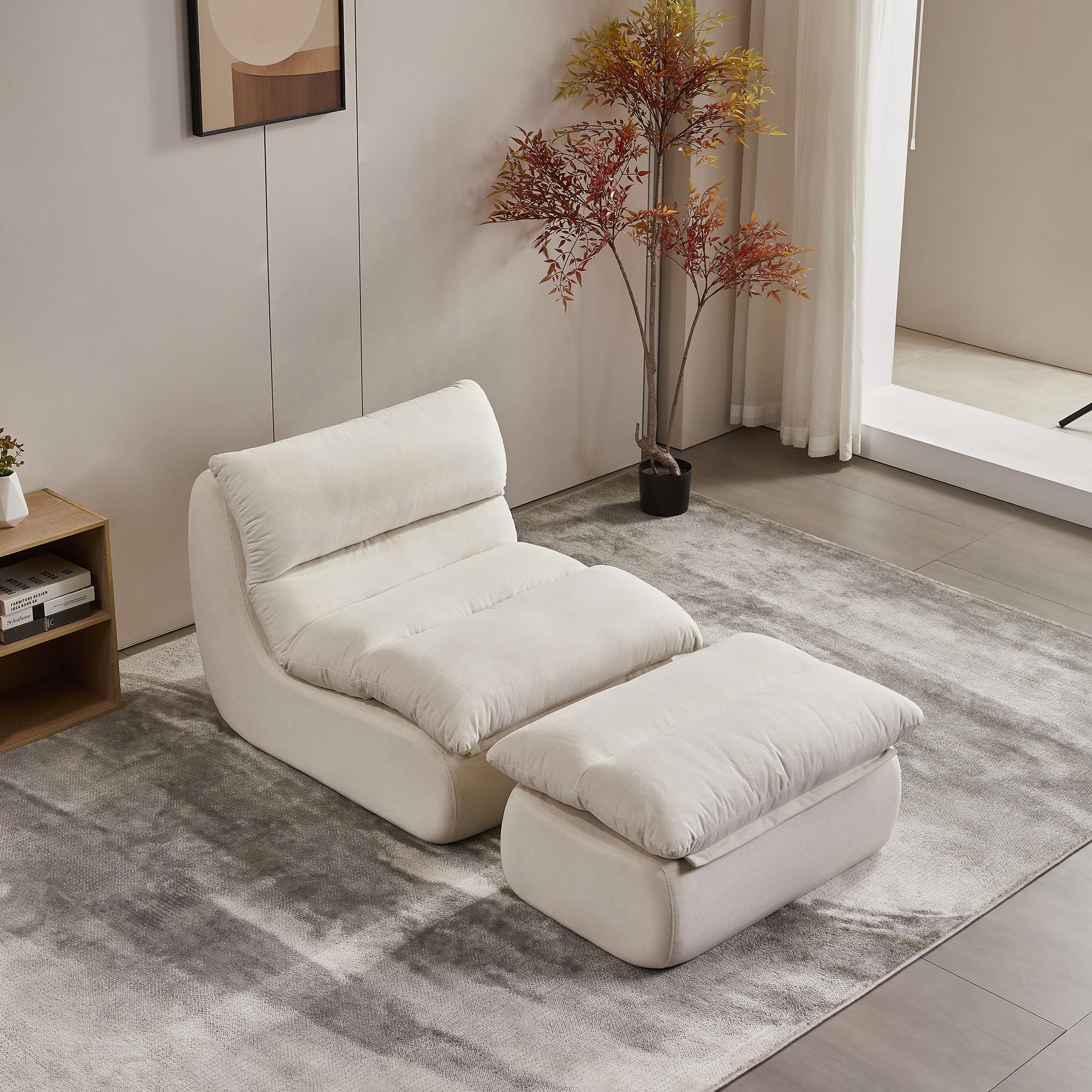 Lazy Sofa Chair Bean Bag Chairs Comfortable Fireside Chairs High Density Memory Foam Lounge Chair Modern Comfy Chair BeanBag Chairs for Living Room Bedroom Office (White-Single Chair with Ottoman)