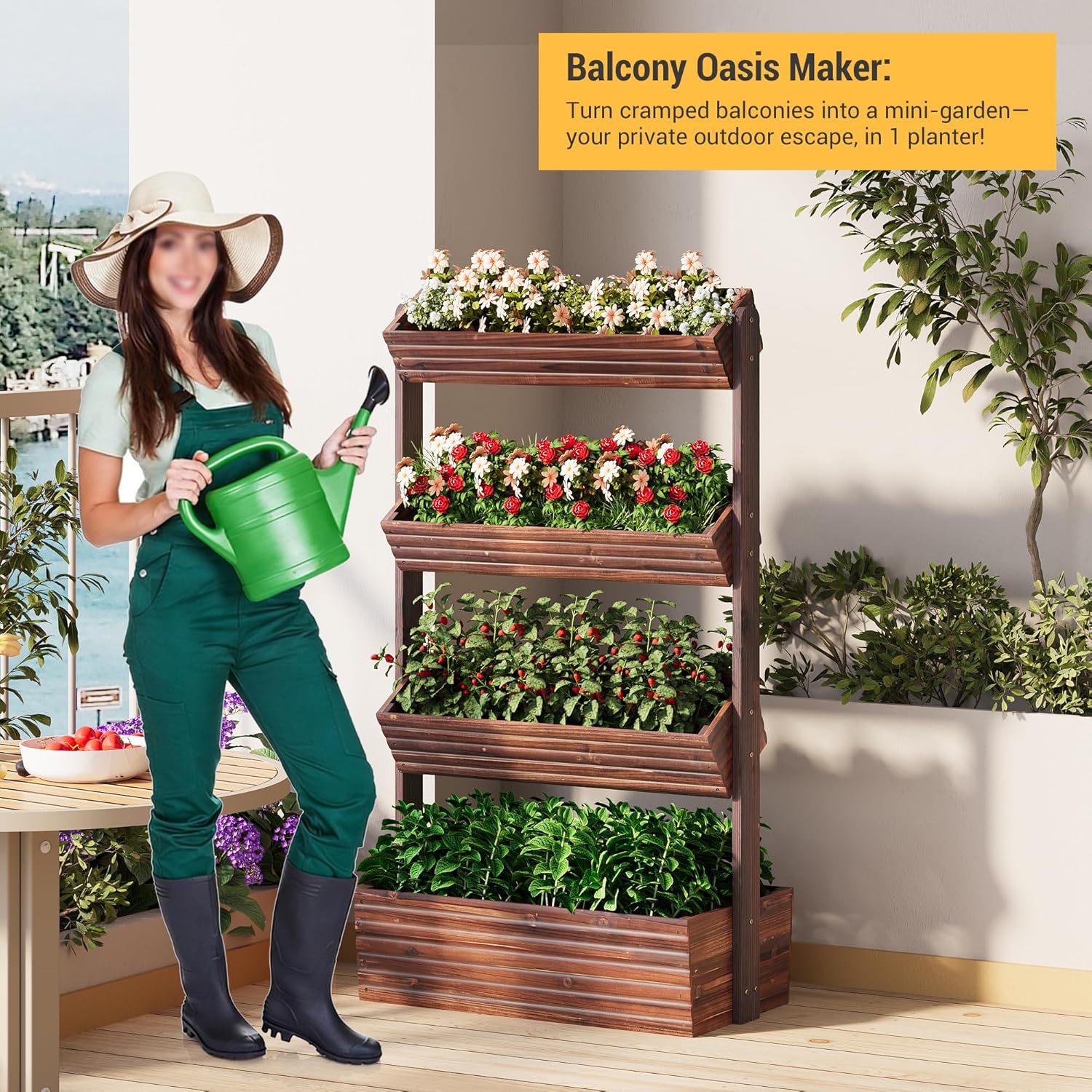 Vertical Wooden Raised Garden Bed Planters Wood Planter Kit Plant Stand Flower Rack Planter Box Gardening Plants Herbs Flowers Vegetables Outdoor Indoor Freestanding (Carbonized 4-Tier)