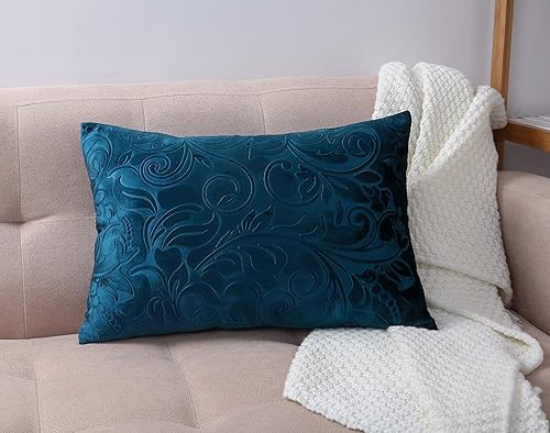 TangDepot Funda de almohada en relieve de terciopelo pesado, tela de terciopelo anaglifo floral de clase, funda de almohada lumbar, funda de