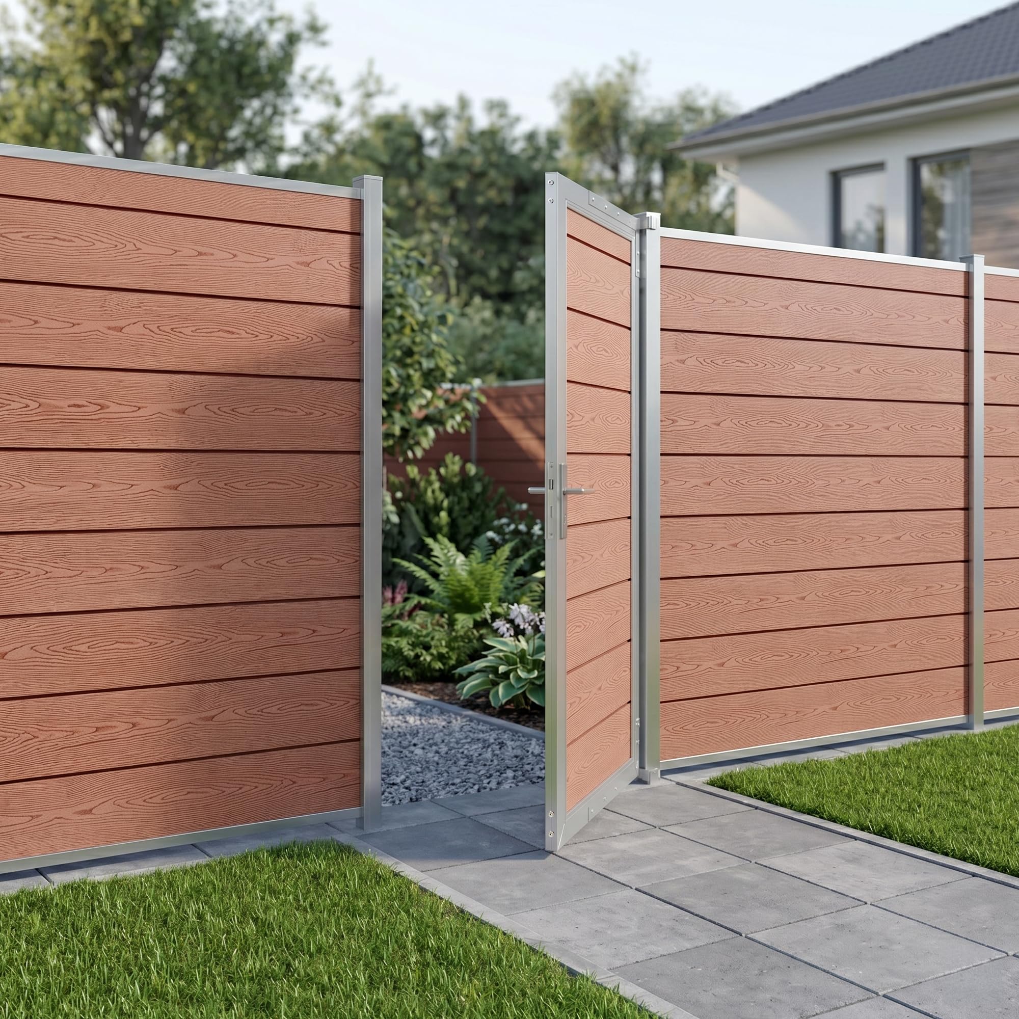 NEU.HOLZ Puerta de Jardin Segovia Resistente Puerta Exterior para Valla Exterior 90 x 180 cm con Cerradura y Llaves Marco de Aluminio y Lamas de WPC - Marrón