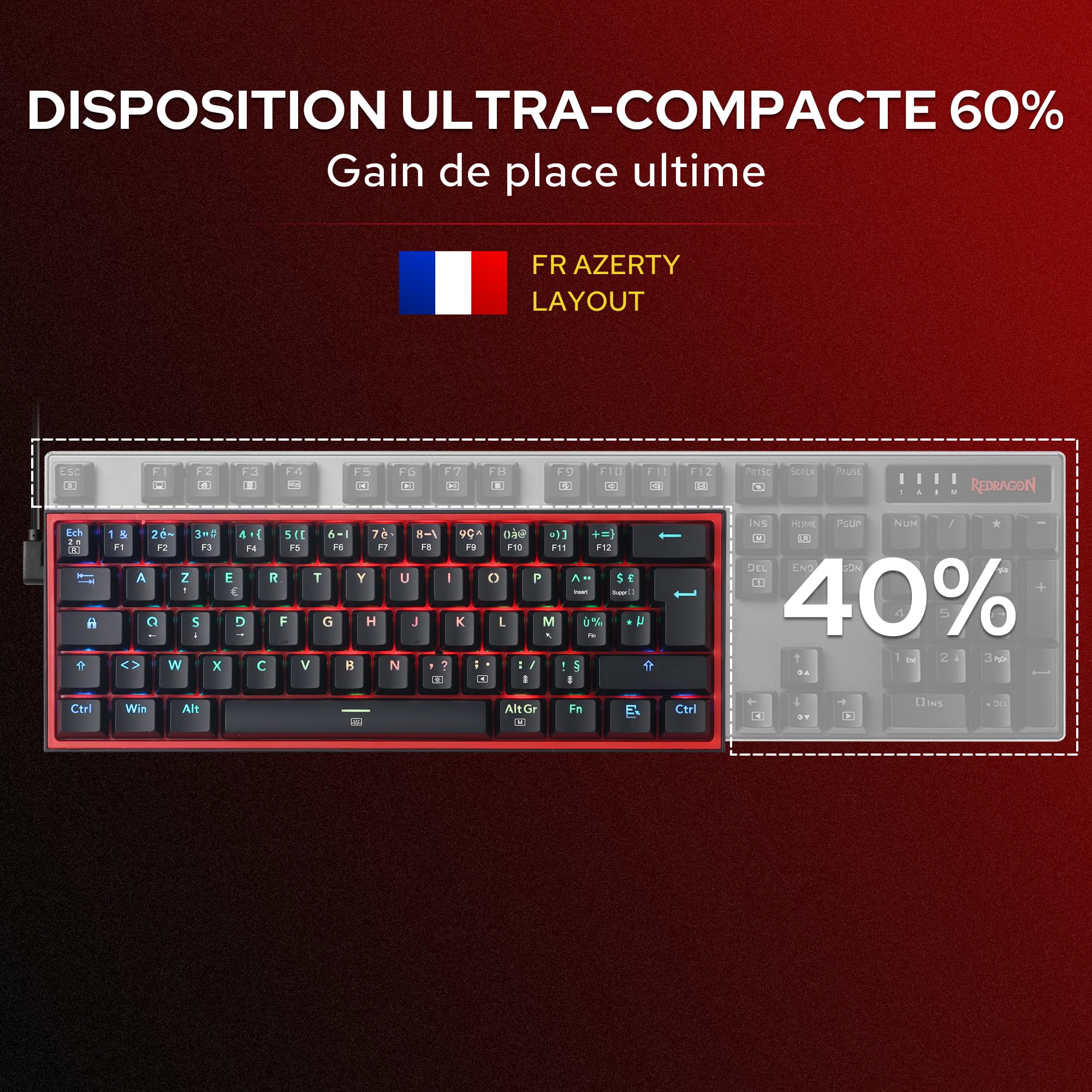 Redragon CB201 Combo Gaming Filaire 60% Compact AZERTY Française Hot-Swap Clavier mécanique 20 Modes RGB 5 Niveaux DPI jusqu'à 8000 DPI 11 Boutons programmables tir Rapide Logiciel Pro macros