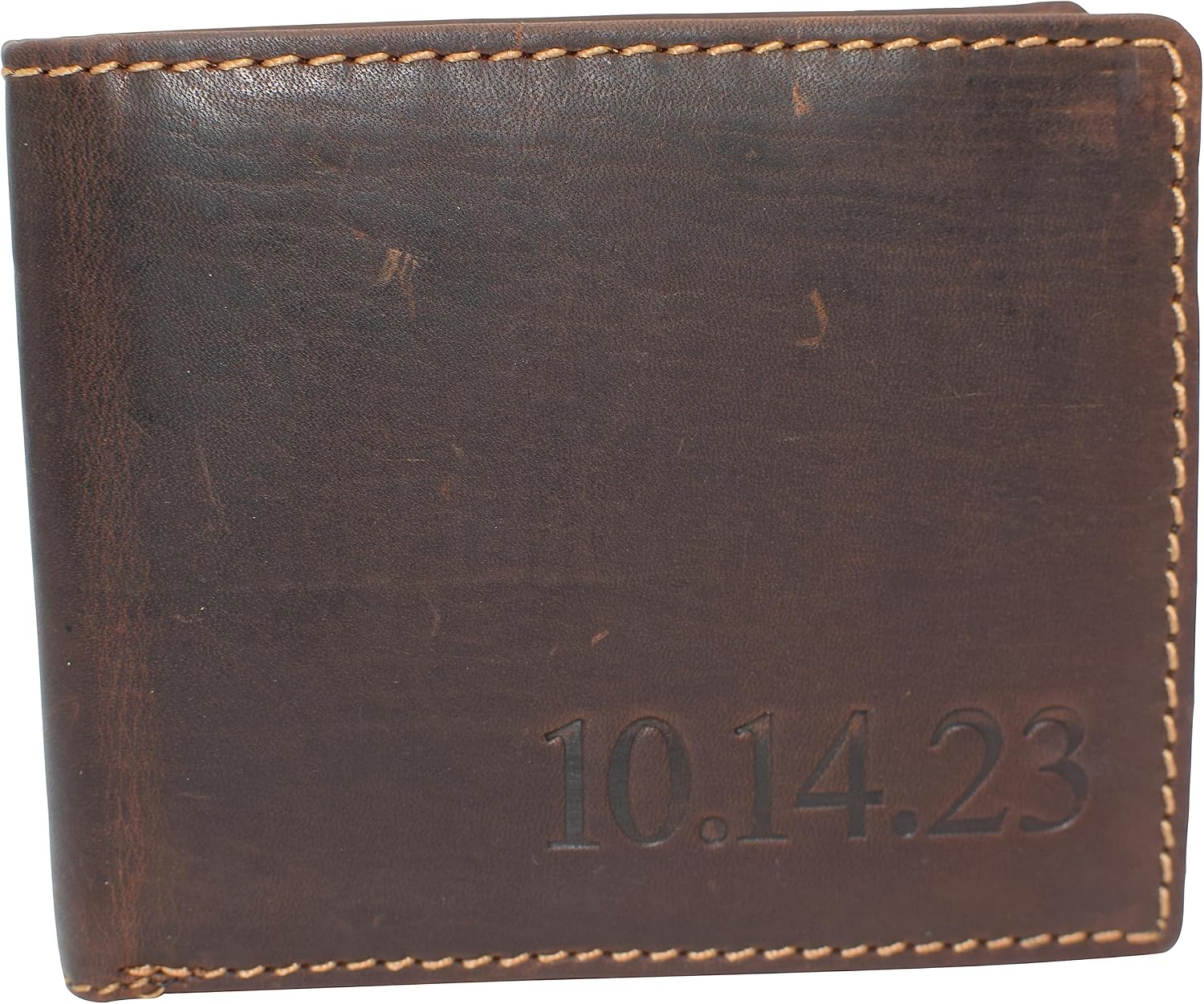 MARSHAL Personalized Date Men's RFID Blocking Genuine Leather Bifold Multi-Card Center Flap Wallet (RHU Brown)