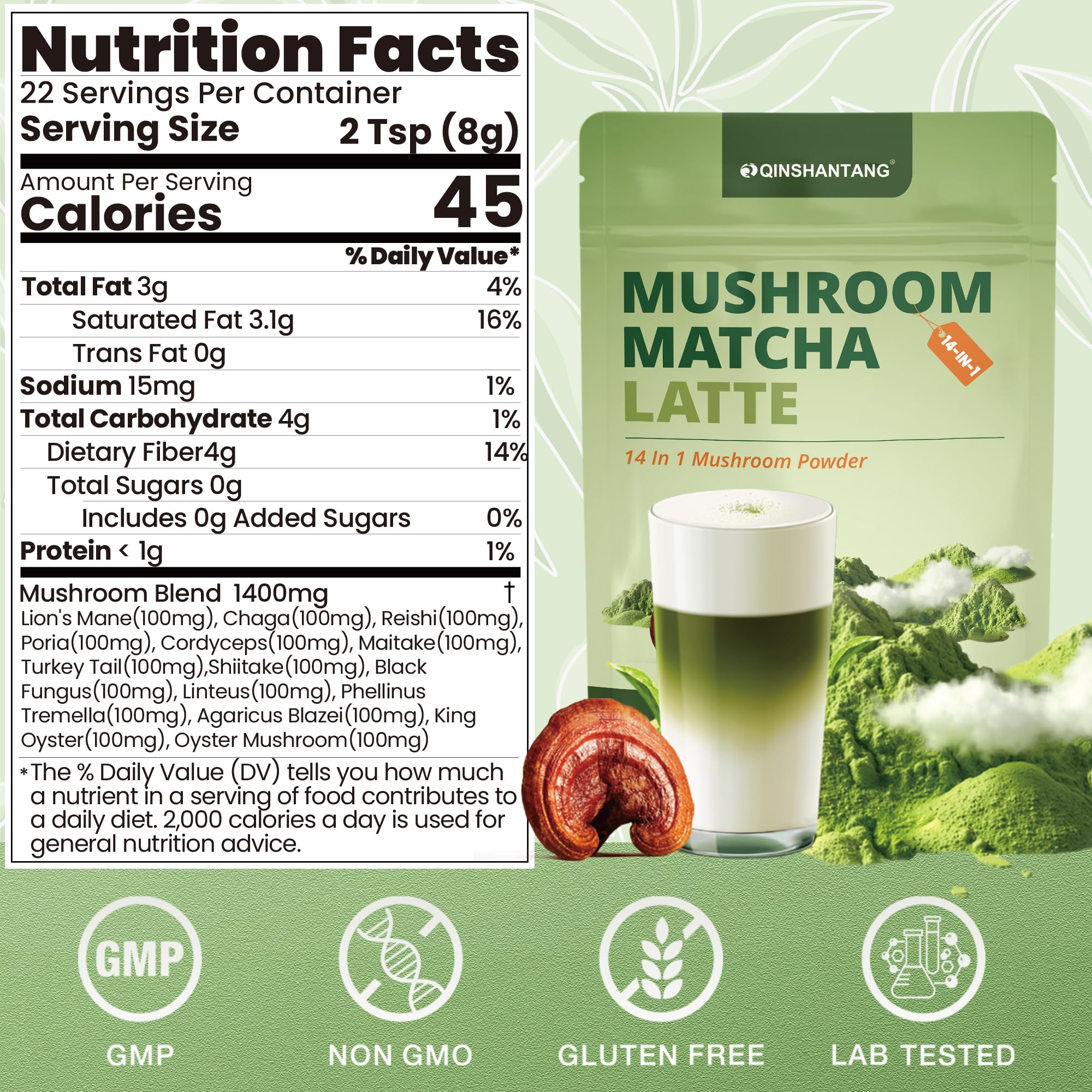 Mushroom Matcha Latte Ceremonial Matcha Green Tea Powder with 14 Mushrooms Probiotics and MCT Powder Lions Mane Reishi — view 2