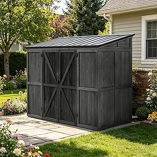 MUPATER 4×8 FT Wood Storage Shed, Outdoor Garden Tool House with Sloped Galvanized Steel Roof, Heavy Duty Cedar Wood Frame with Lockable Door & Diamond Mesh Screen for Backyard Patio Bicycle Pet House