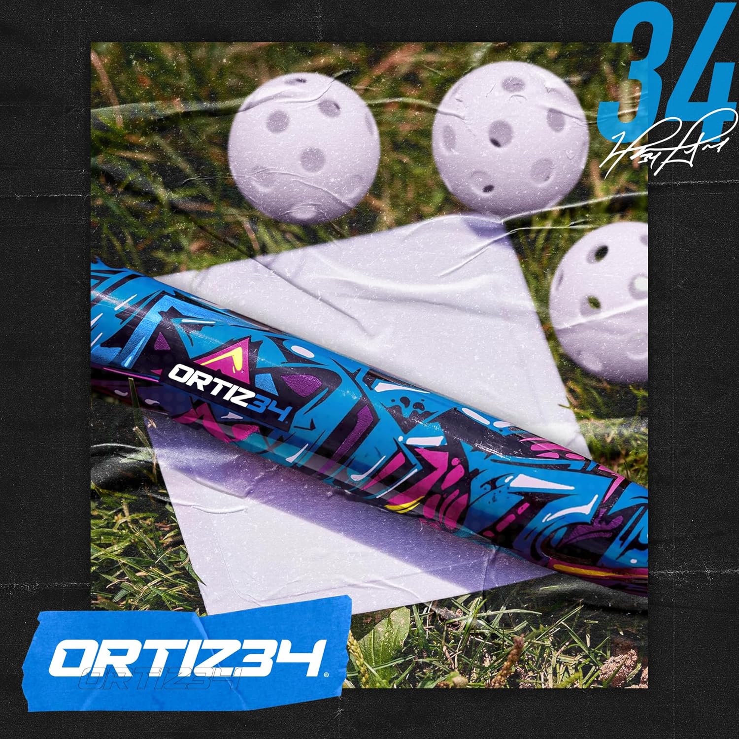 Ortiz34 Bat & Ball Set - Graffiti Plastic Bat & Ball Homerun Set- David Ortiz Backyard Baseball Set for Youth, Kids, Teenagers, Adults (Bat & Ball Set, Blue)