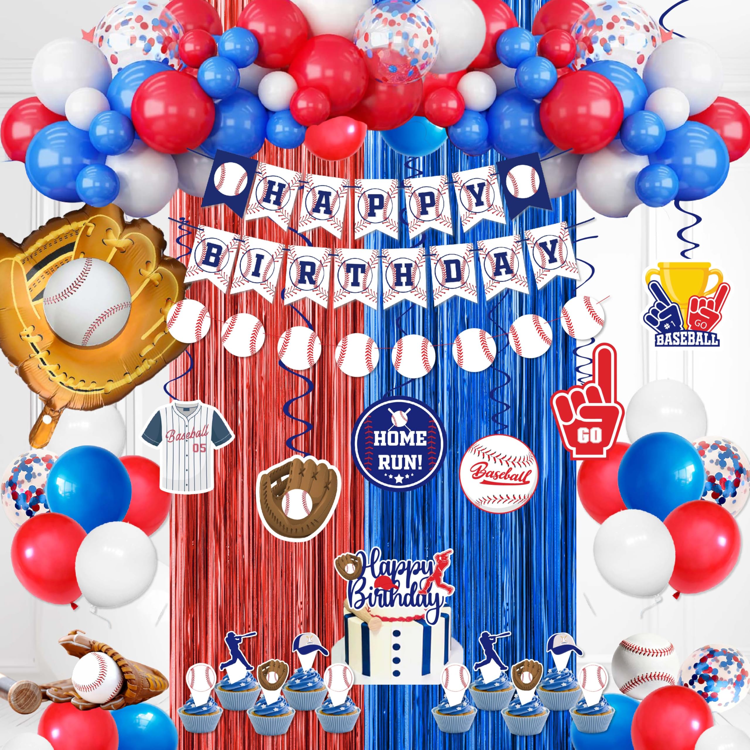 Baseball Party Decorations, Baseball Birthday Party Supplies Kit, Include Sport Themed Birthday banner, Foil Fringe,Hanging Swirls, Baseball Balloons,