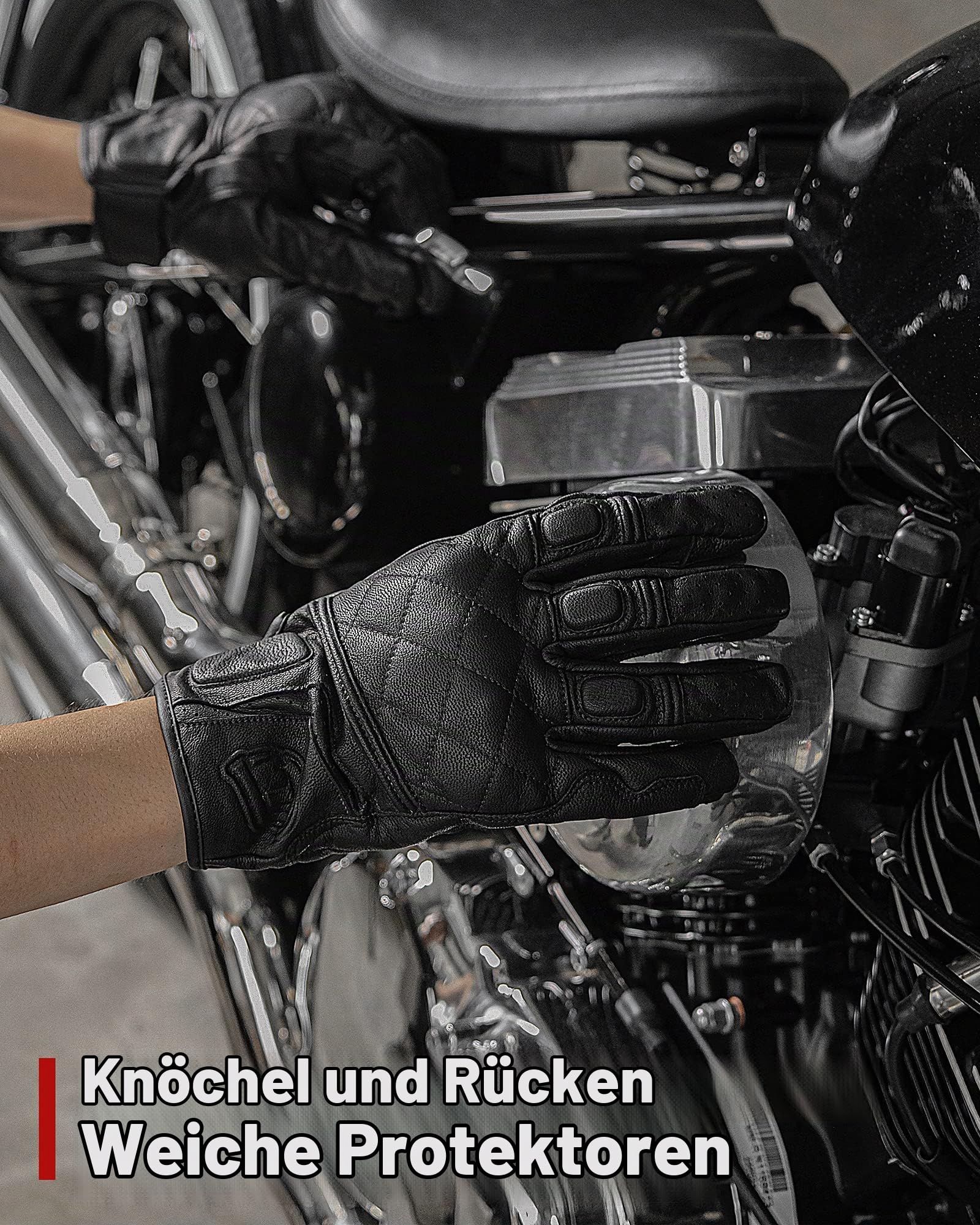 BORLENI Motorradhandschuhe Leder Herren Echtes Leder Ziegenleder Mesh Soft Protector Touchpanel Kompatibel Frühling Sommer Herbst Schwarz M/L/XL/XXL
