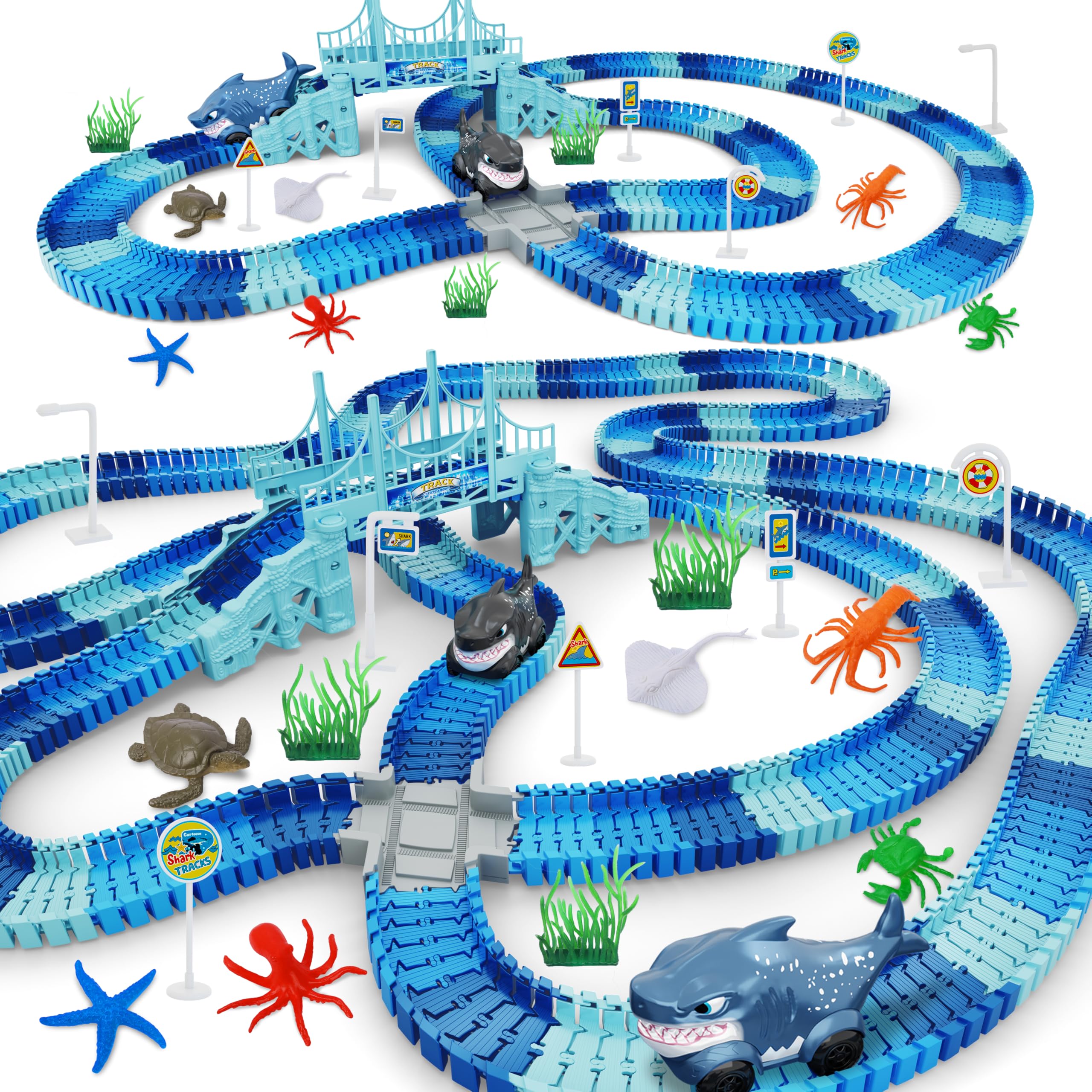 Track Race Car Toys for Kids, Create A Ocean World Race Road Race Tracks | Flexible Tracks Playset, 2PCS Cool Shark Cars, Christmas Toys Birthday Gifts for Age 3 4 5 6 Year Old Boys Girls Blue-shark