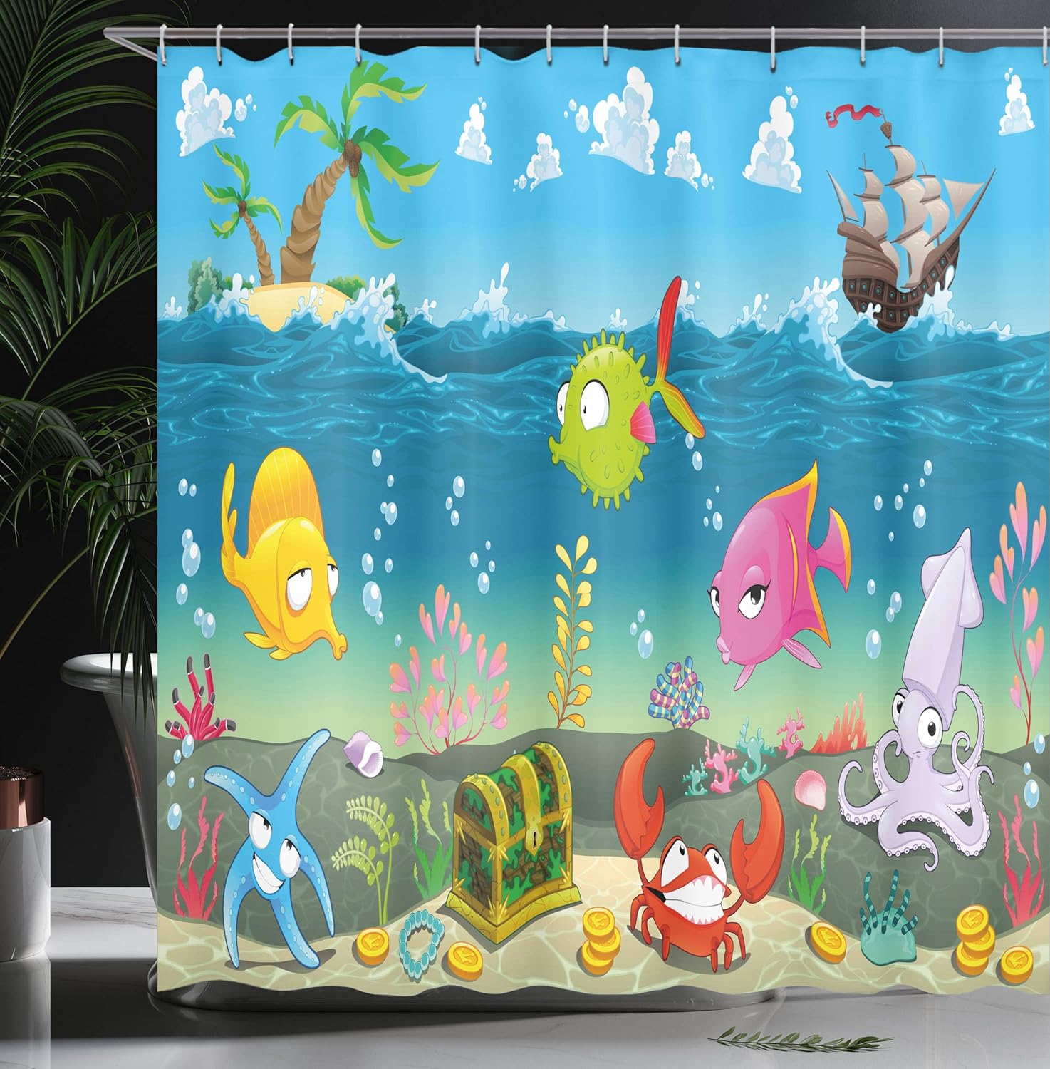 Ambesonne Animal Shower Curtain, Funny Sea Animals Underwater Ocean View Sail Boat Palm Trees Cartoon Art, Cloth Fabric Bathroom Decor Set with Hooks, 69" W x 84" L, Multicolor Sea Blue Sky Blue