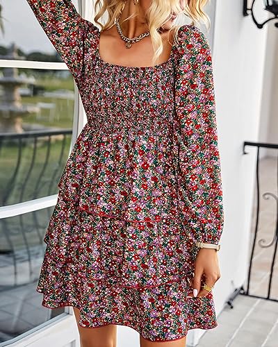 Miniatura 4 de BTFBM Vestido de manga larga para mujer, cuello cuadrado, floral, fruncido, con lunares suizos, estilo bohemio, para otoño, boda, 2025