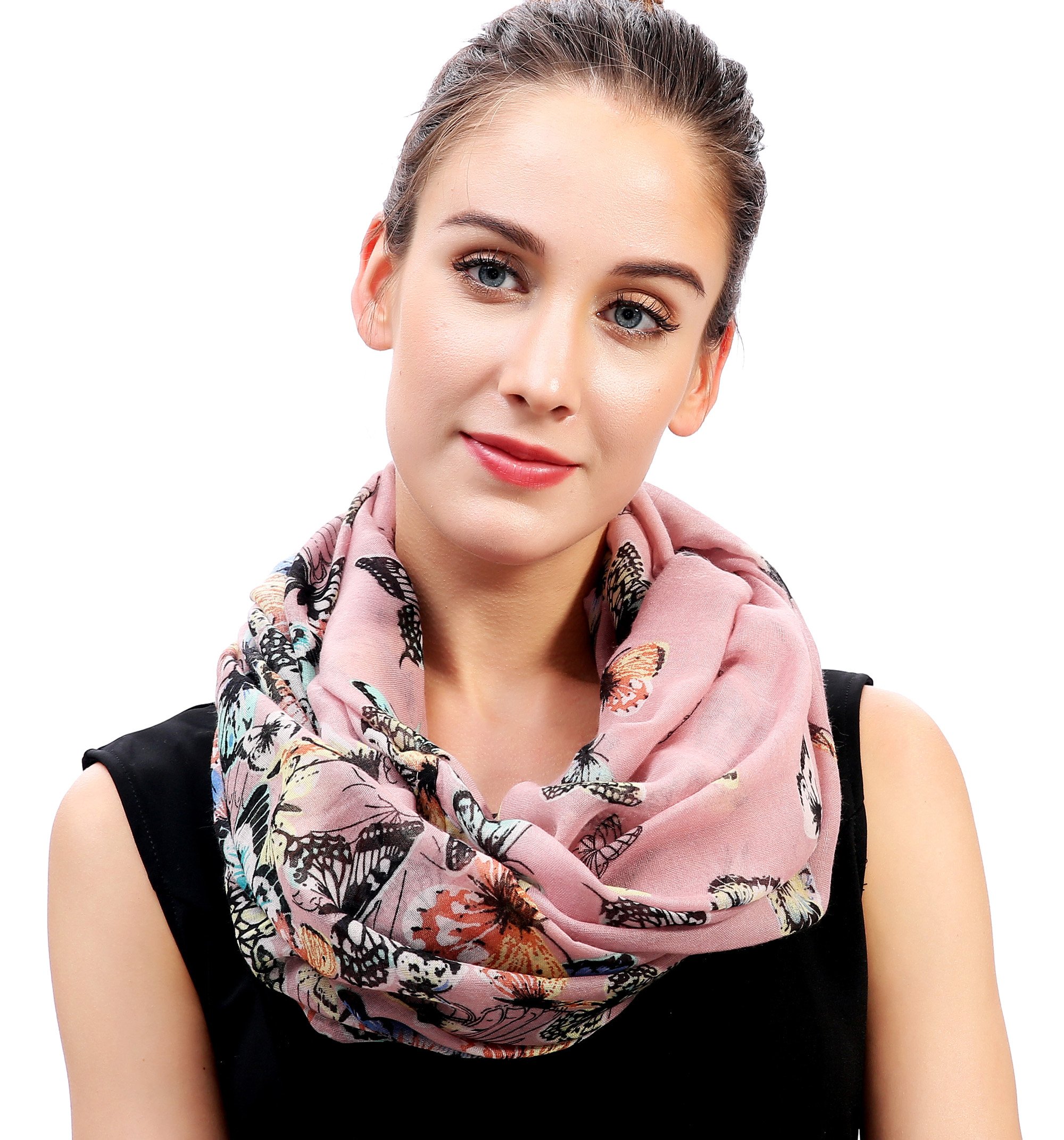Lina & Lily Butterfly Print Lightweight Snood Scarf (Dusty pink)