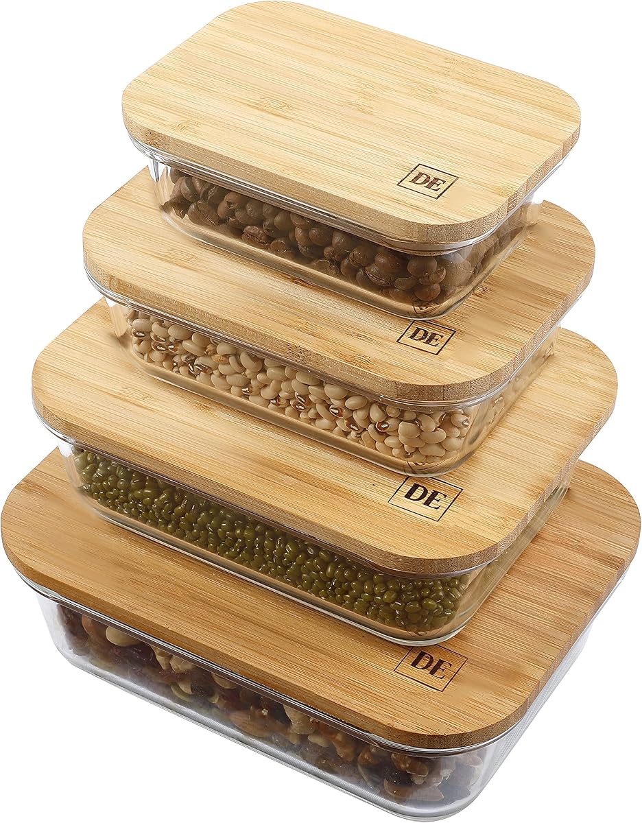 Glass Food Storage Containers with Bamboo Lids – 4 Pack (12oz/21oz/35oz/51oz) – BPA-Free Borosilicate Glass Meal Prep Boxes – Oven, Microwave, Freezer Safe – Stackable & Airtight