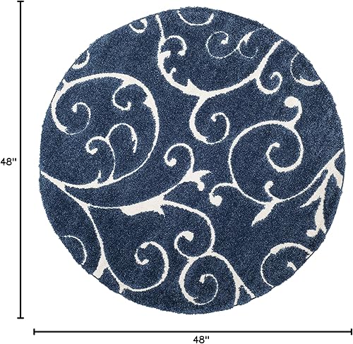 Miniatura 2 de SAFAVIEH Florida Shag Collection Alfombra de Área - 4' Redonda, Azul Oscuro y Crema, Diseño de Volutas, No Desprende Pelusa y Fácil de Limpiar, Pelo