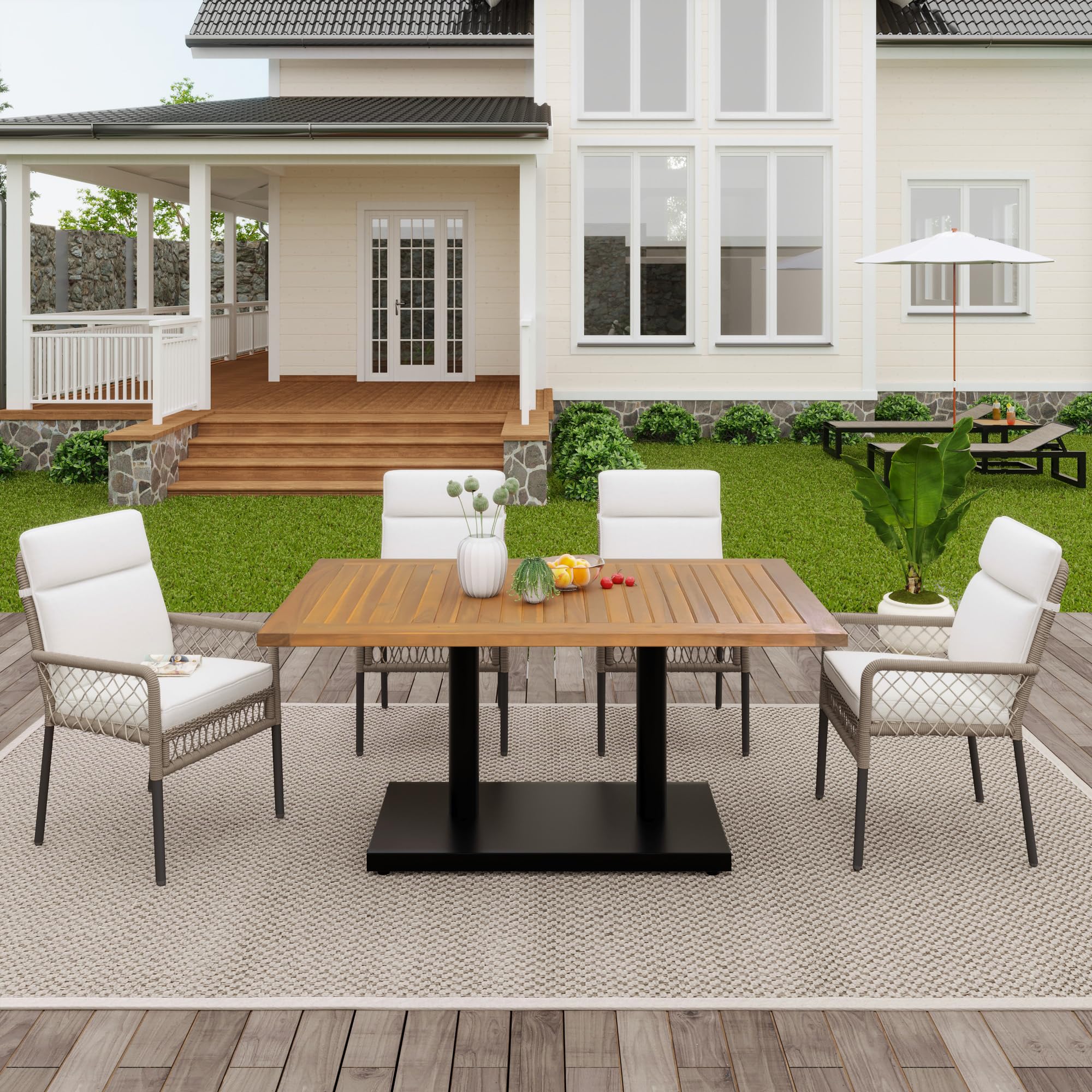 Fppuueg Conjunto Mesa y Sillas Jardin 5 Piezas con Cojines, Conjunto Jardin Exterior con 4 Sillones y 1 Mesa, Muebles Jardin Exterior para Patio Terraza Balcón, Color Madera y Blanco