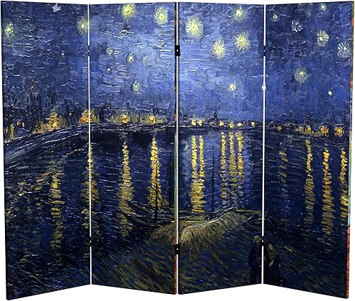 Miniatura 7 de Red Lantern Van Gogh - Pantalla plegable de lona de doble cara corta de 4 pies, lirios, noche estrellada sobre el Ródano, 4 paneles, separador