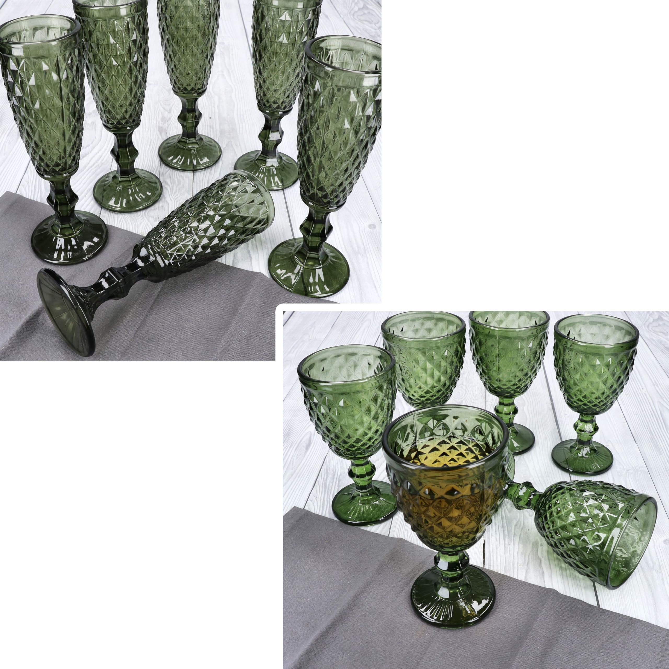 MamboCat Diamond Lot de 12 verres à vin et 6 flûtes à champagne I Verre vert à facettes I Ensemble de verres pour vin, prosecco et champagne I pour les fêtes, Noël, etc.