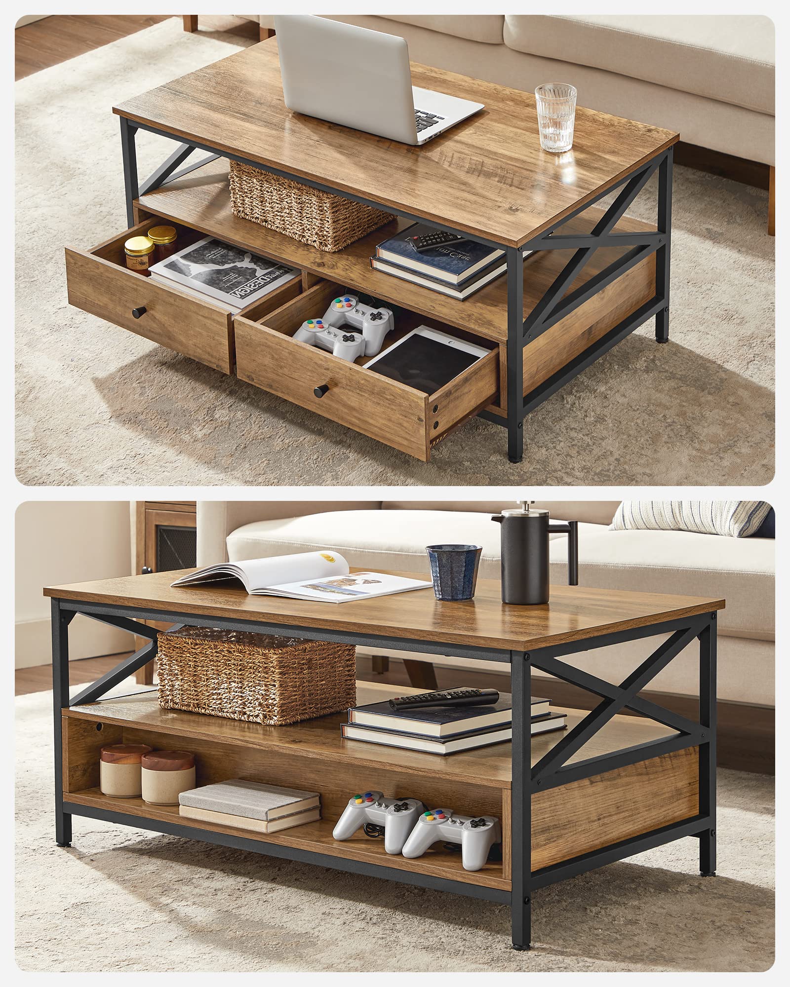 VASAGLE Tavolino da salotto, con 2 cassetti e ripiano aperto, telaio in acciaio a forma di X, 100 x 55 x 45 cm, stile industriale, noce rustico e nero LCT201B41