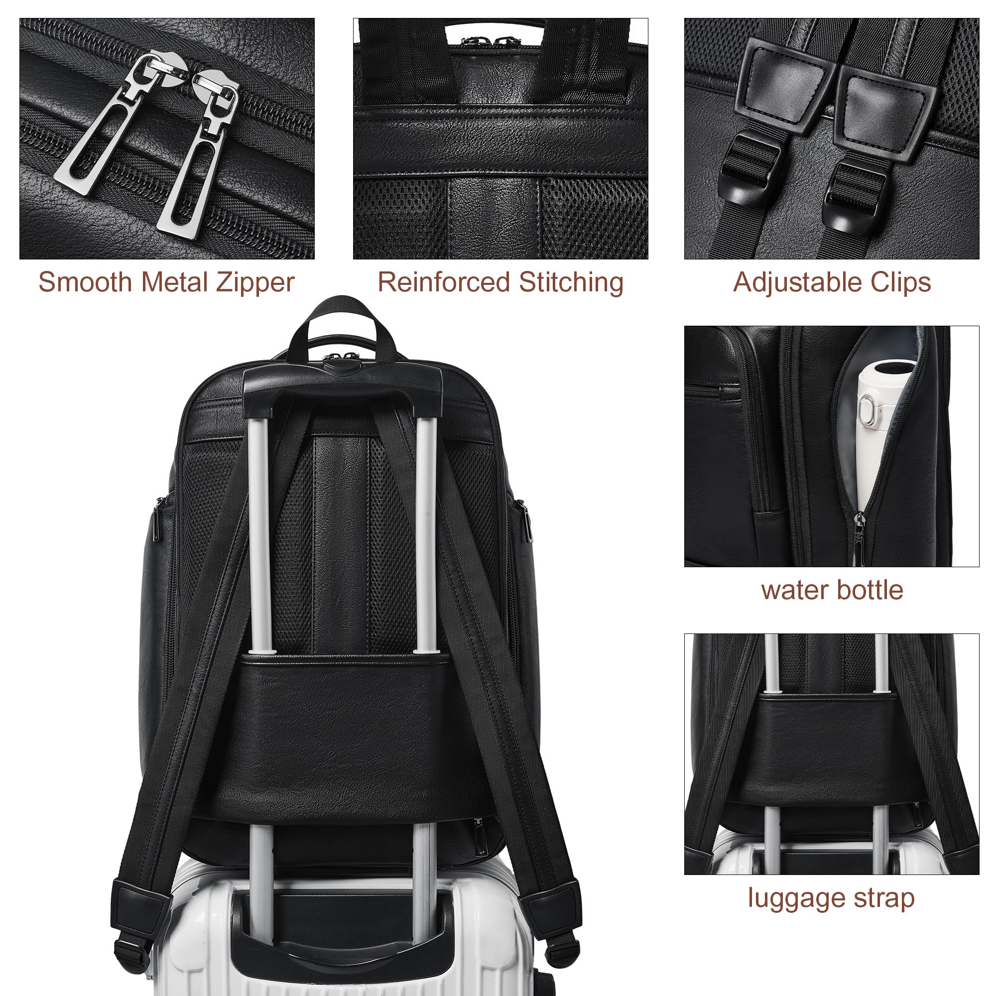 Veganer Lederrucksack, 40L Checkpoint-freundlicher Reiserucksack für Damen und Herren, geeignet für 17-Zoll-Notebook, mit Koffergurt und USB-Anschluss, Schwarz Laptop-Rucksäcke