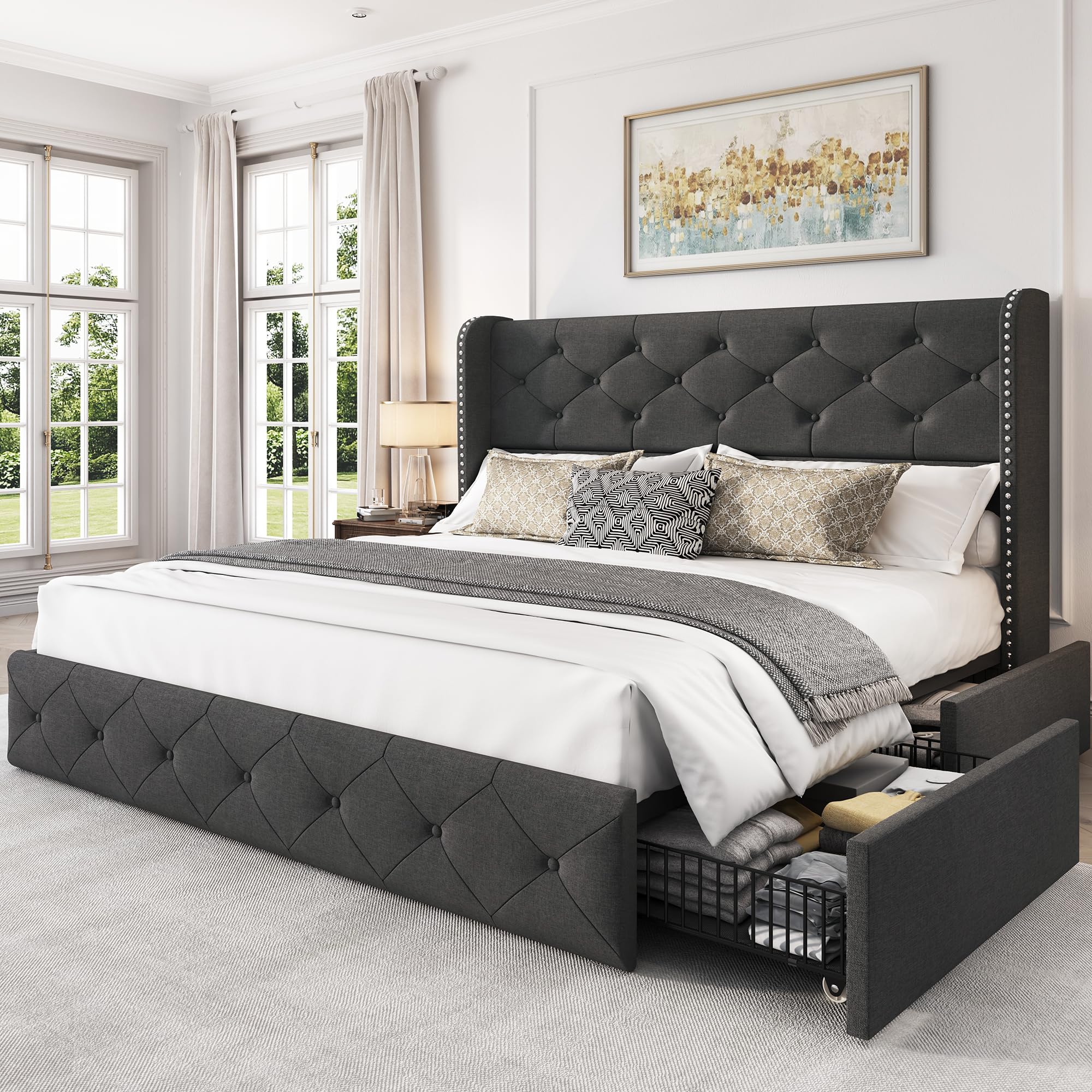 LARMACE Full Size Bed Frame with 4 Storage Drawers and Wingback Headboard Linen Upholstered Platform Bed Frame Tufted Beds with Wooden Slats Support,