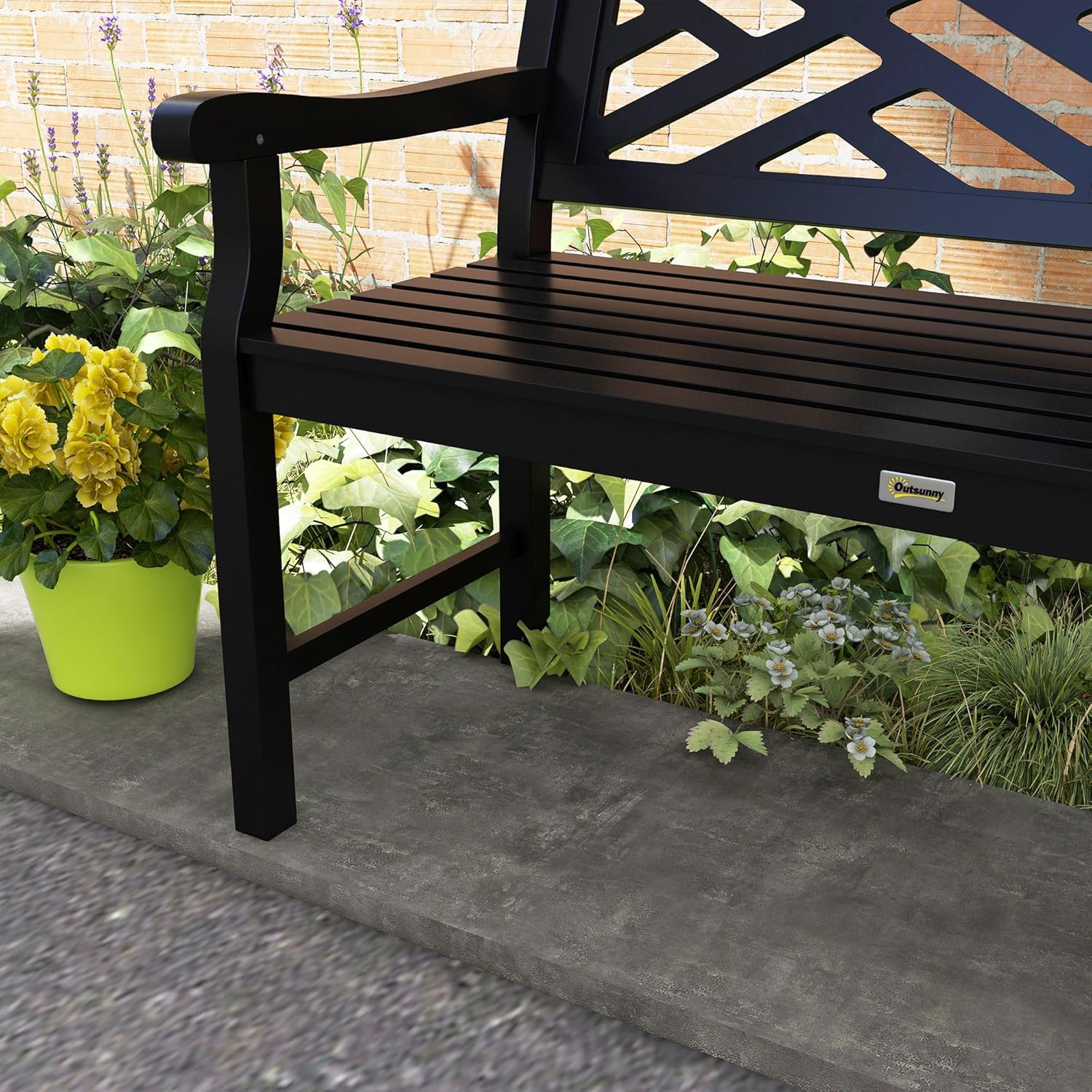 Outsunny Outdoor Garden Bench, Wooden Frame Patio Bench with Geometric Pattern, 43.25 Inch Weatherproof 2-Person Love Seat for Garden, Lawn, Porch, Yard, Work Entryway, Black