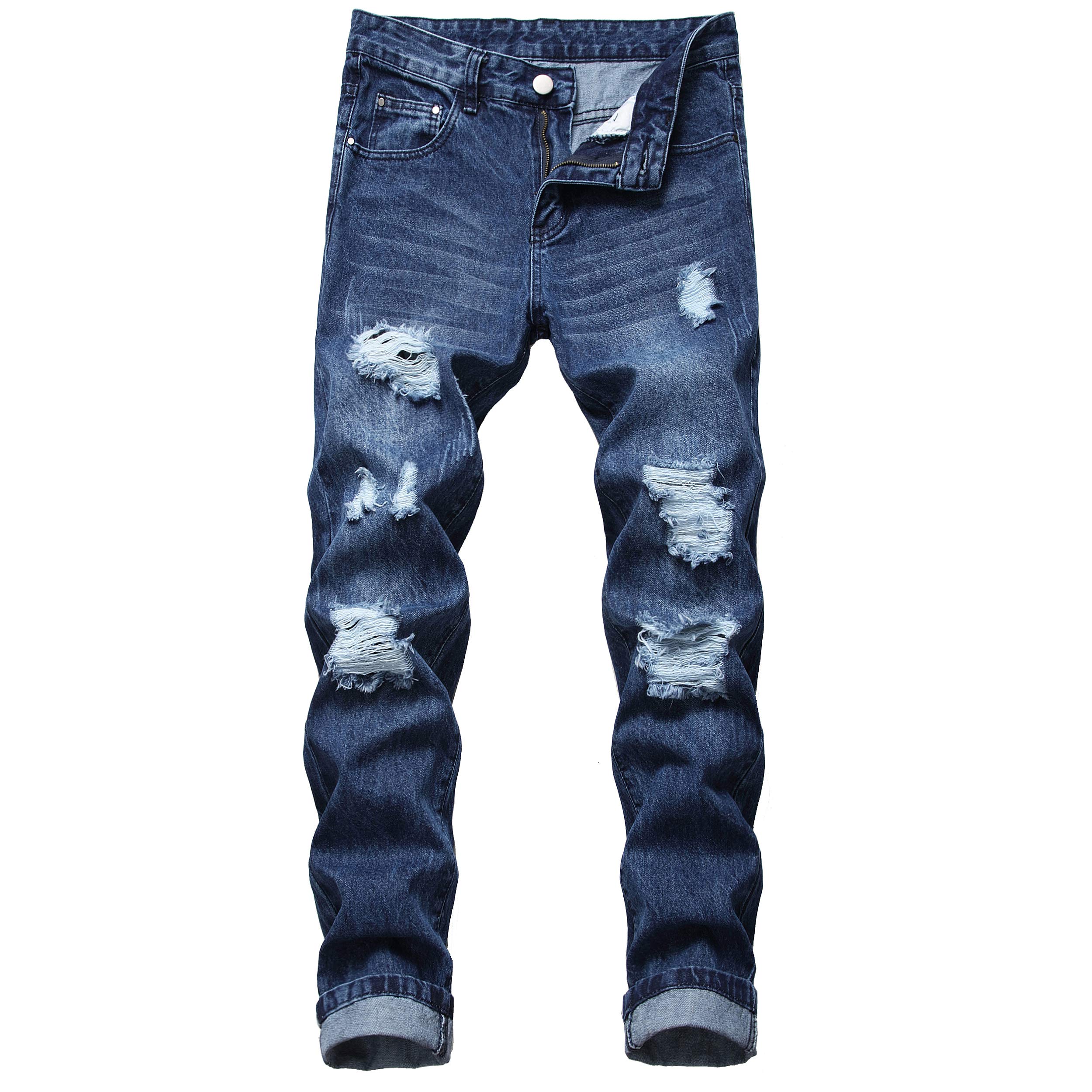 QIMYUM Mens Ripped Jeans, Distressed Destroyed Slim Fit Straight Leg Denim Pants