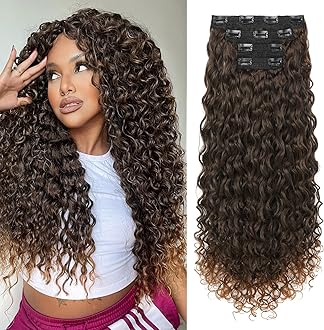 LONAI 4PC Clip in Hair Extensions, 100％ Pure Protein Silk Curly Hair Extension for Women, 26 Inch Long Soft Natural Hair Extensions-Dark Almond brown with copper