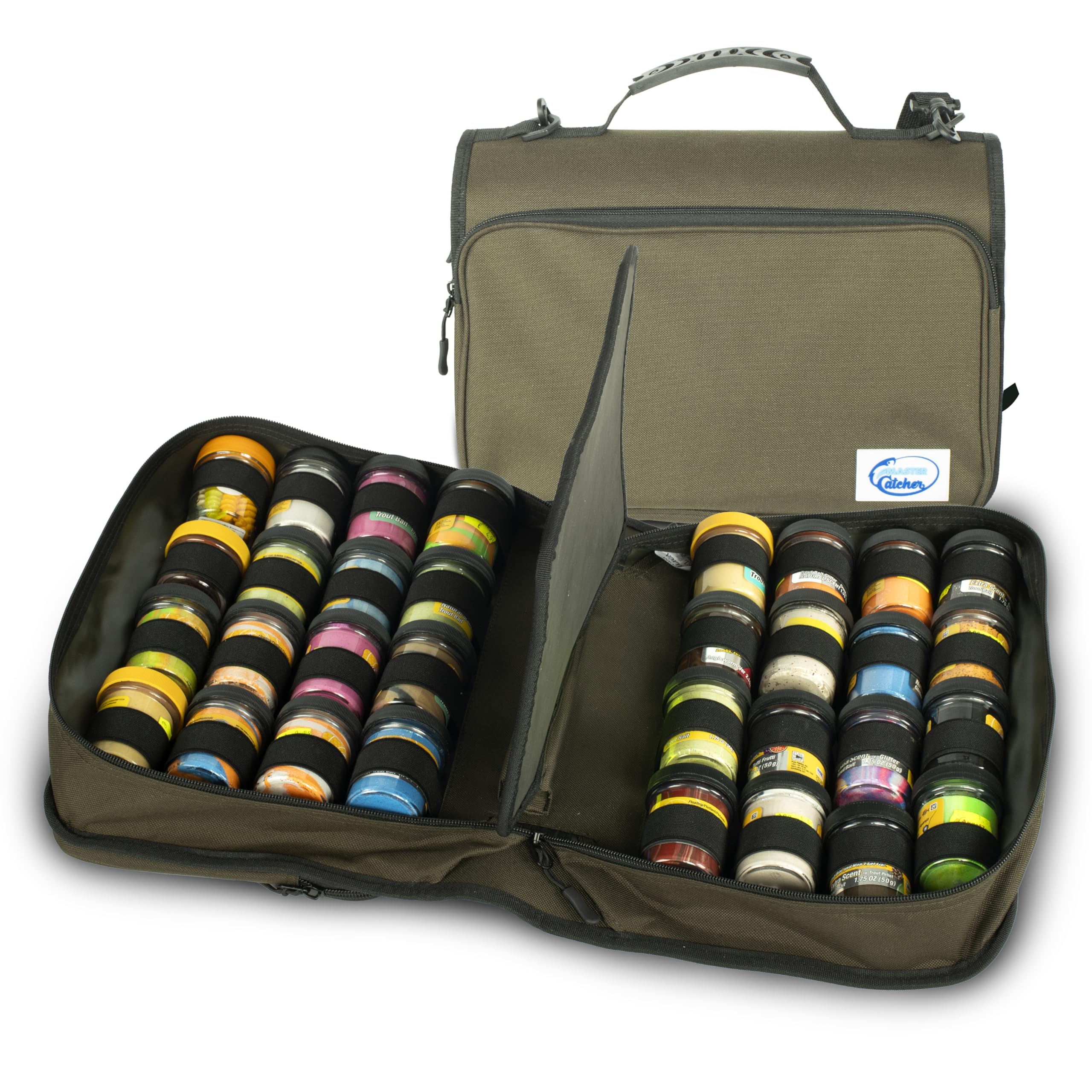 Forellenteig Tasche für 32 Gläser – MasterCatcher® – mehr Kapazität (statt 16–20) – Powerbait / Teiggläser Organizer – wasserabweisend – Designed in Germany