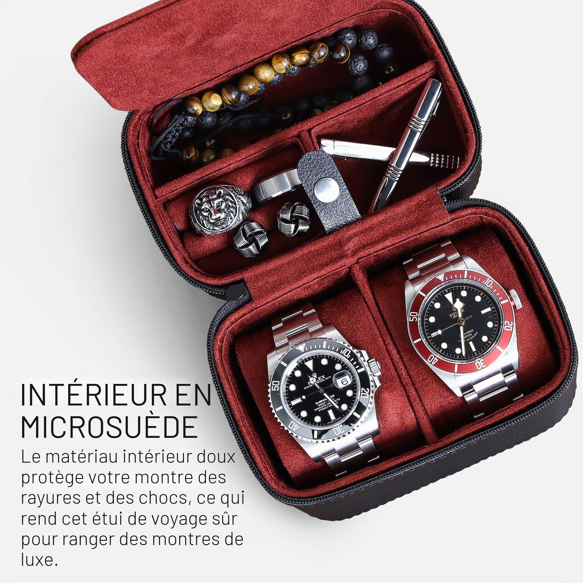 Organisateur de rangement pour étui de voyage pour 2 montres, ecrins pour montres | protection portable robuste avec fermeture à glissière s'adapte à toutes les montres-bracelets (noir/rouge)