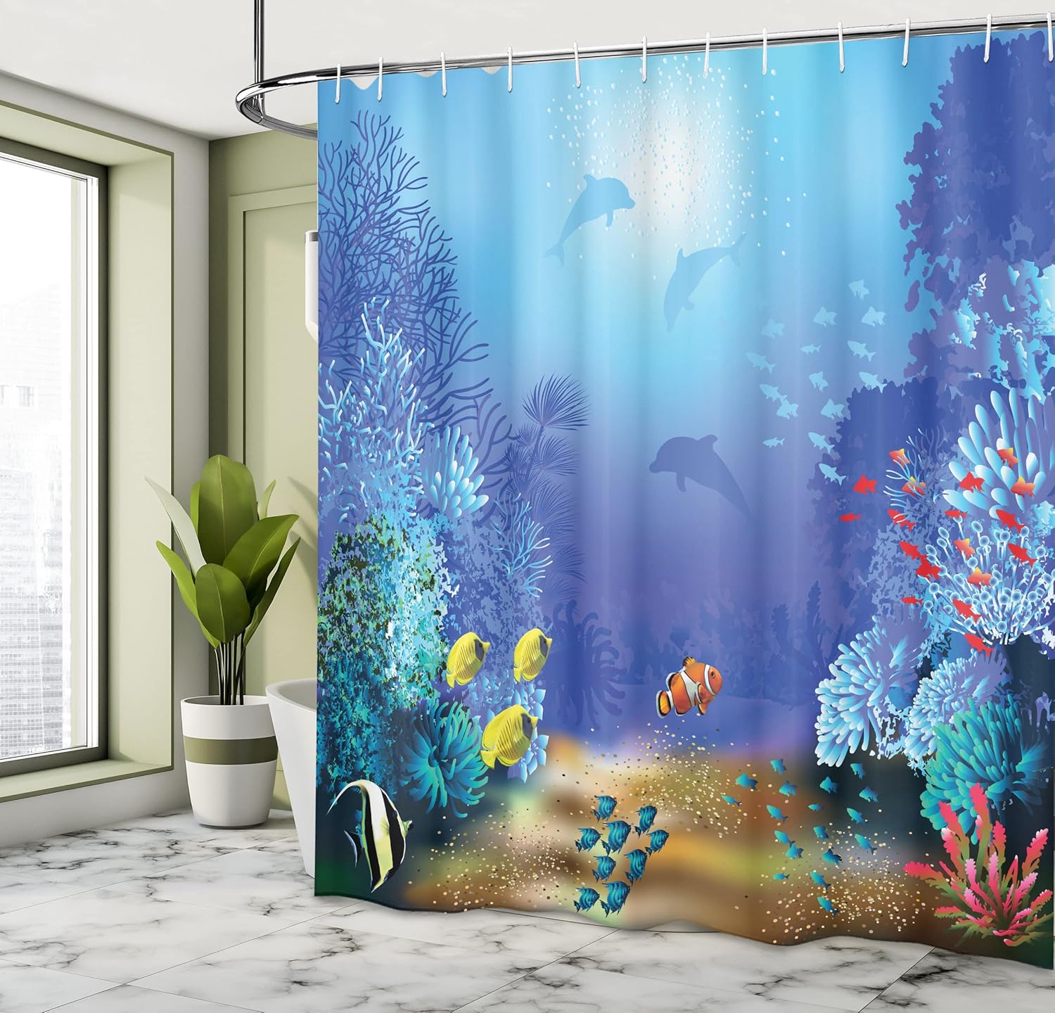 Ambesonne Underwater Shower Curtain, Underwater Coral Reef Polyps Algae Dolphins and Goldfishes Bubbles in Deep Ocean Print, Cloth Fabric Bathroom Decor Set with Hooks, 69" W x 70" L, Blue