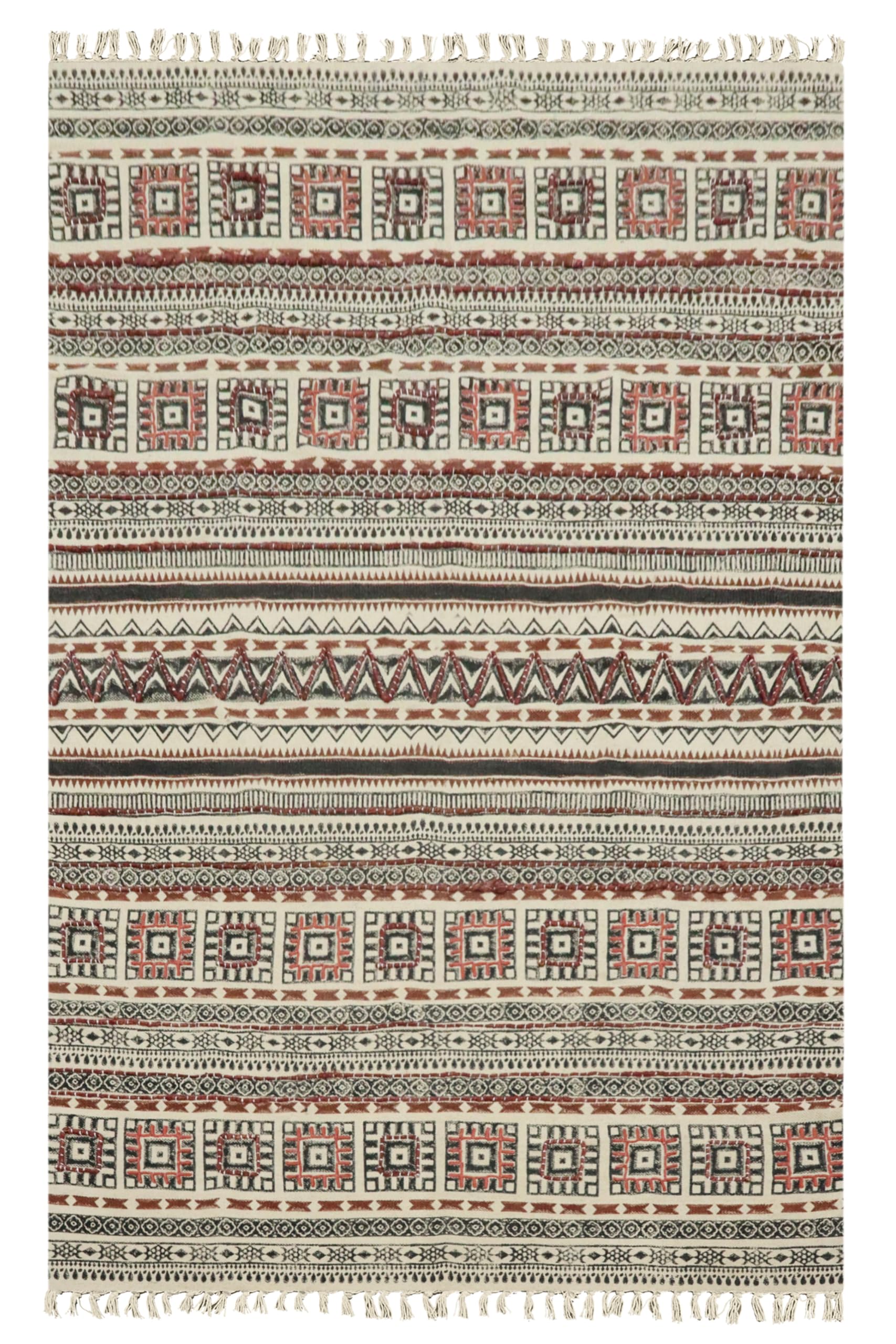 Kelim Läufer, Stickerei, Handblock, bedruckt, Baumwolle, Dhurrie, geometrisches Design, schwarz, mehrfarbig, handwaschbar, Läufer 0,5 cm dick, Flachgewebe, Teppiche für Flur, Treppenhäuser