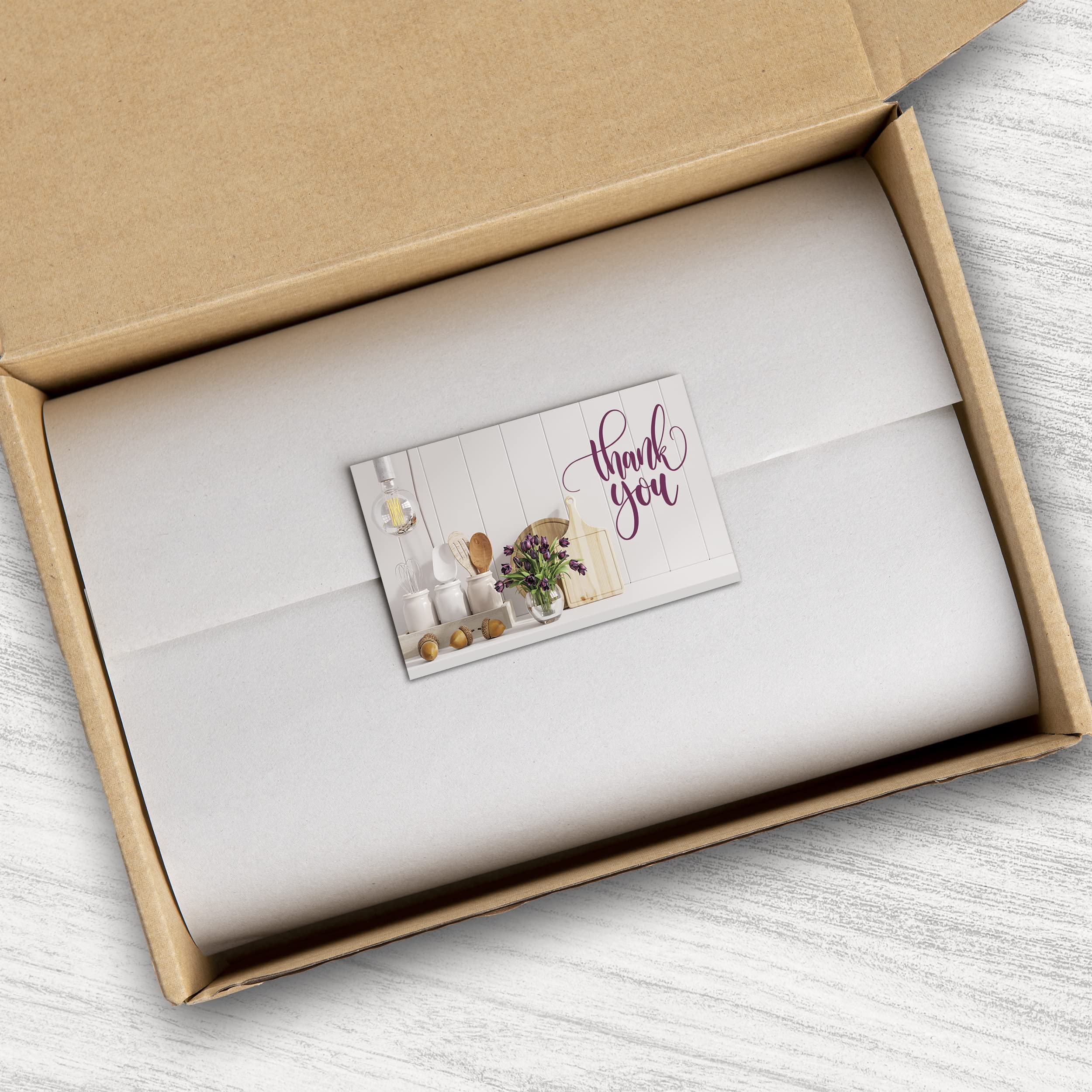 Tarjetas de agradecimiento por tu compra (2 x 3.5 pulgadas), insertos de paquete con solicitud de comentarios para vendedores de Amazon, minorista en línea para pequeñas empresas (cocina