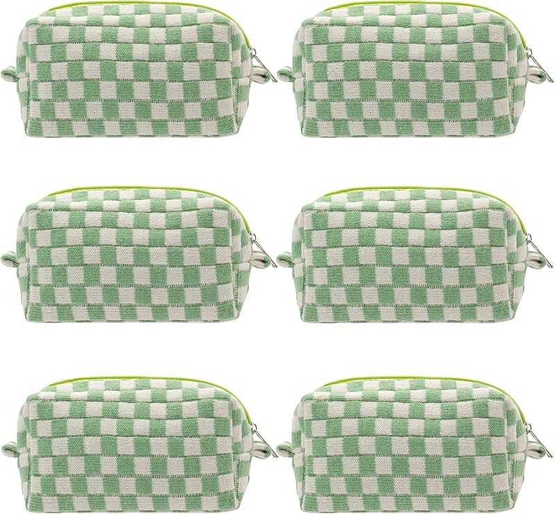 Necessaire de maquiagem xadrez PAZIMIIK verde-claro, pacote com 6
