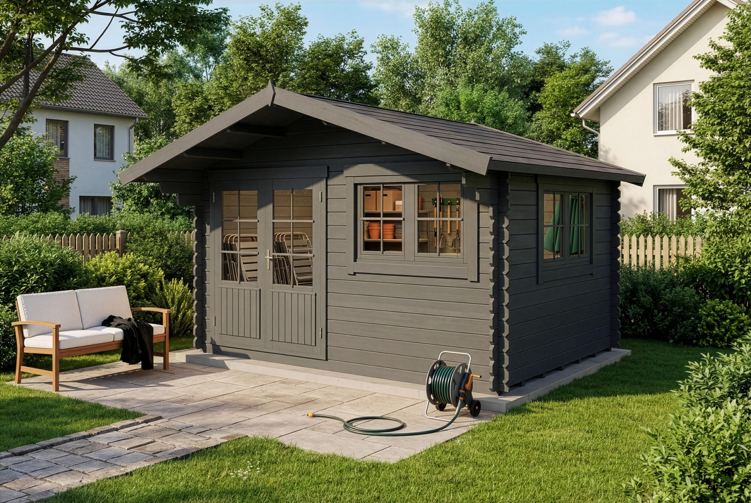 Alpholz Gartenhaus Gabriel 438 x 367cm mit 34 mm Wandstärke in Imprägnierung Grau inkl. Fußboden