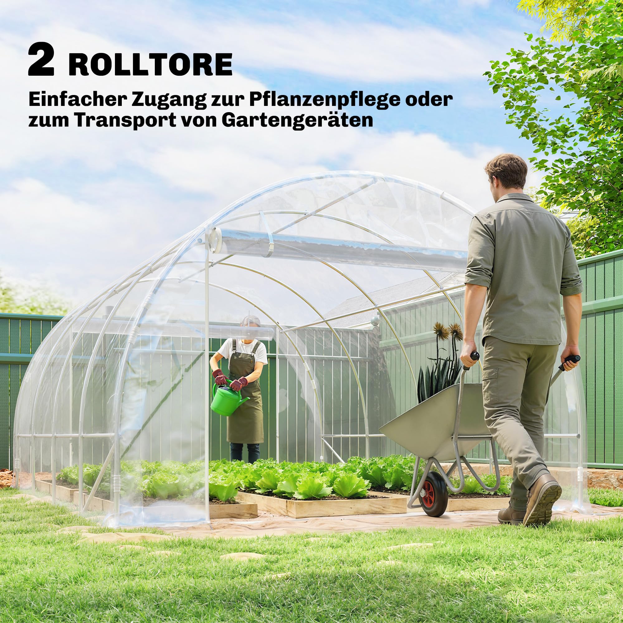 Outsunny Gewächshaus ca. 4 x 3 x 2 m Foliengewächshaus mit Breiter Rollbar Reißverschlusstür, Stützstangen Verlängerte Kanten 150g/m² PE UV-beständig Folientunnel, Winterfest Tomatenhaus, Transparent