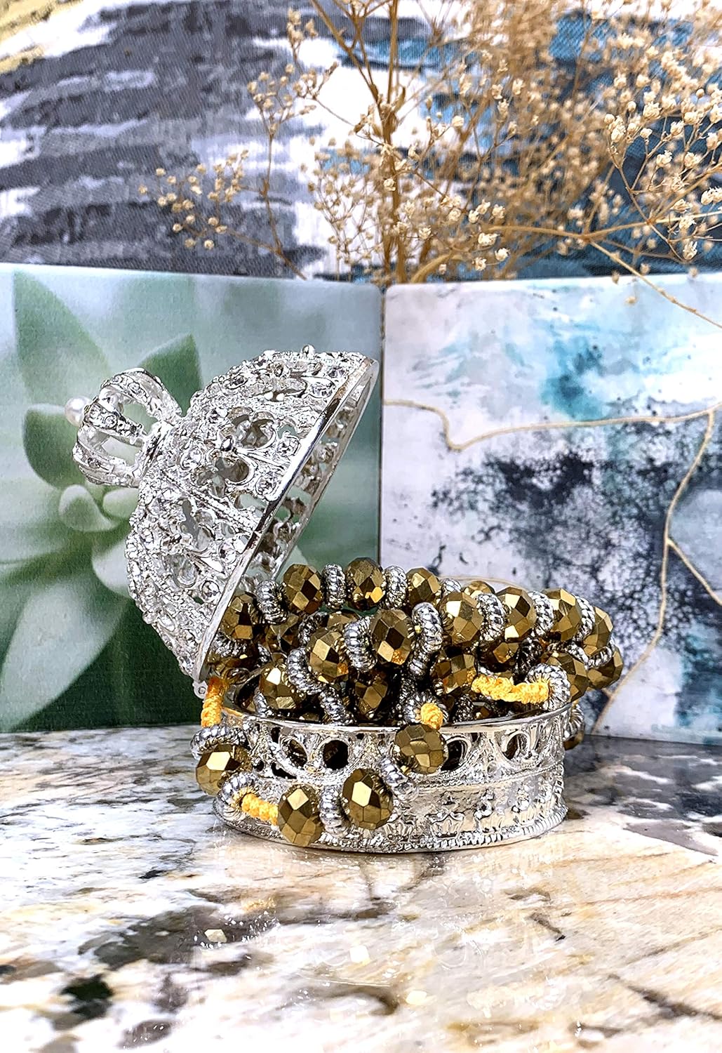 VI N VI Silver Rhinestone Pearl Royal Crown Jewelry Box, Trinket Box | Beautiful Collectible Figurine and Decorative Jewelry Display, Holder, and Organizer