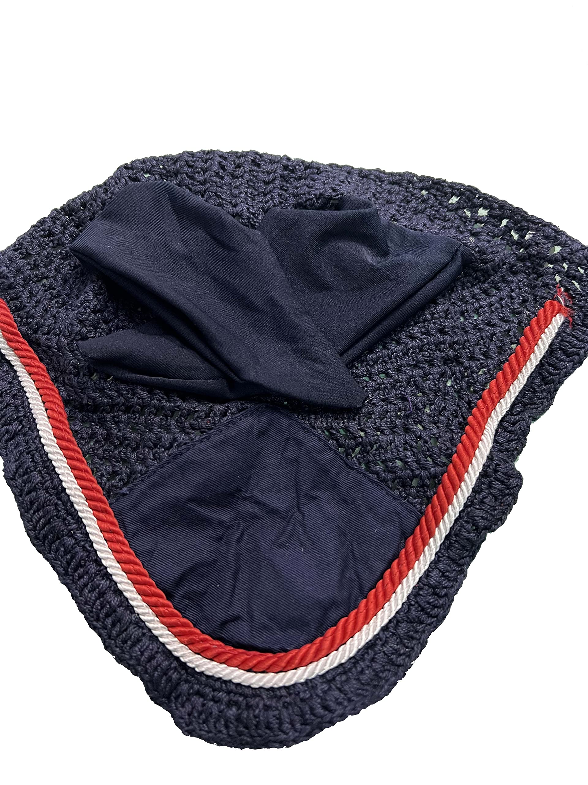 Spire Voile de protection pour cheval en coton respirant doux au crochet - Capuche - Masque anti-mouches - Taille complète - Bleu marine/rouge/blanc