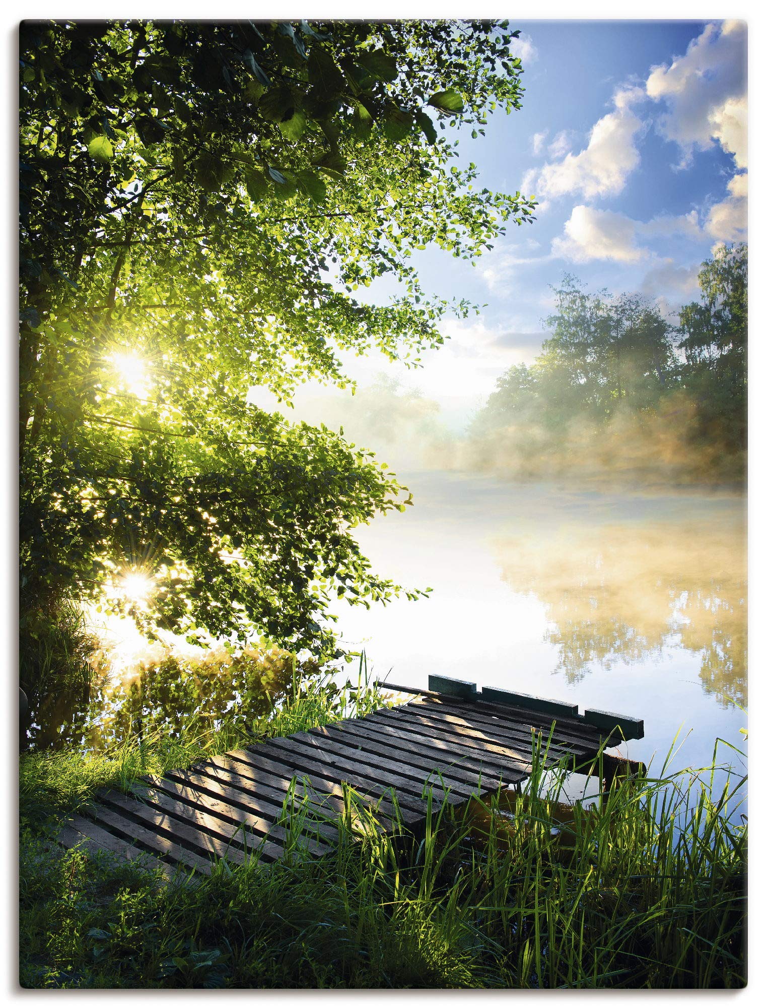 ARTLAND Wanddeko Leinwand Bilder Wandbild 60x80 cm Natur Landschaft Wald Baum See Steg Sommer Sonne Gräser T0WD