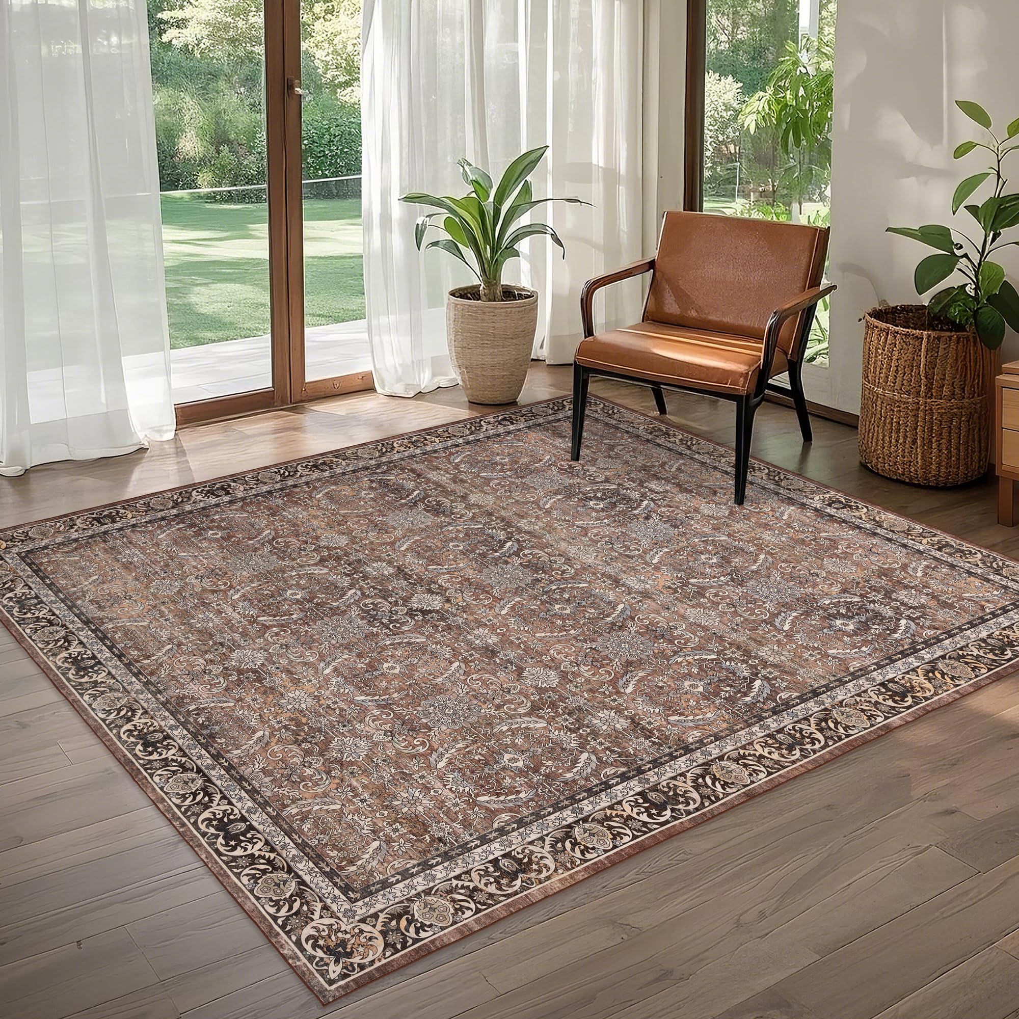 Brevonox Washable Living Room Rug: 5x7 Boho Vintage Soft Area Rug - Oriental Farmhouse Low Pile Thin Carpet for Bedroom Dining Room Home Office Decor