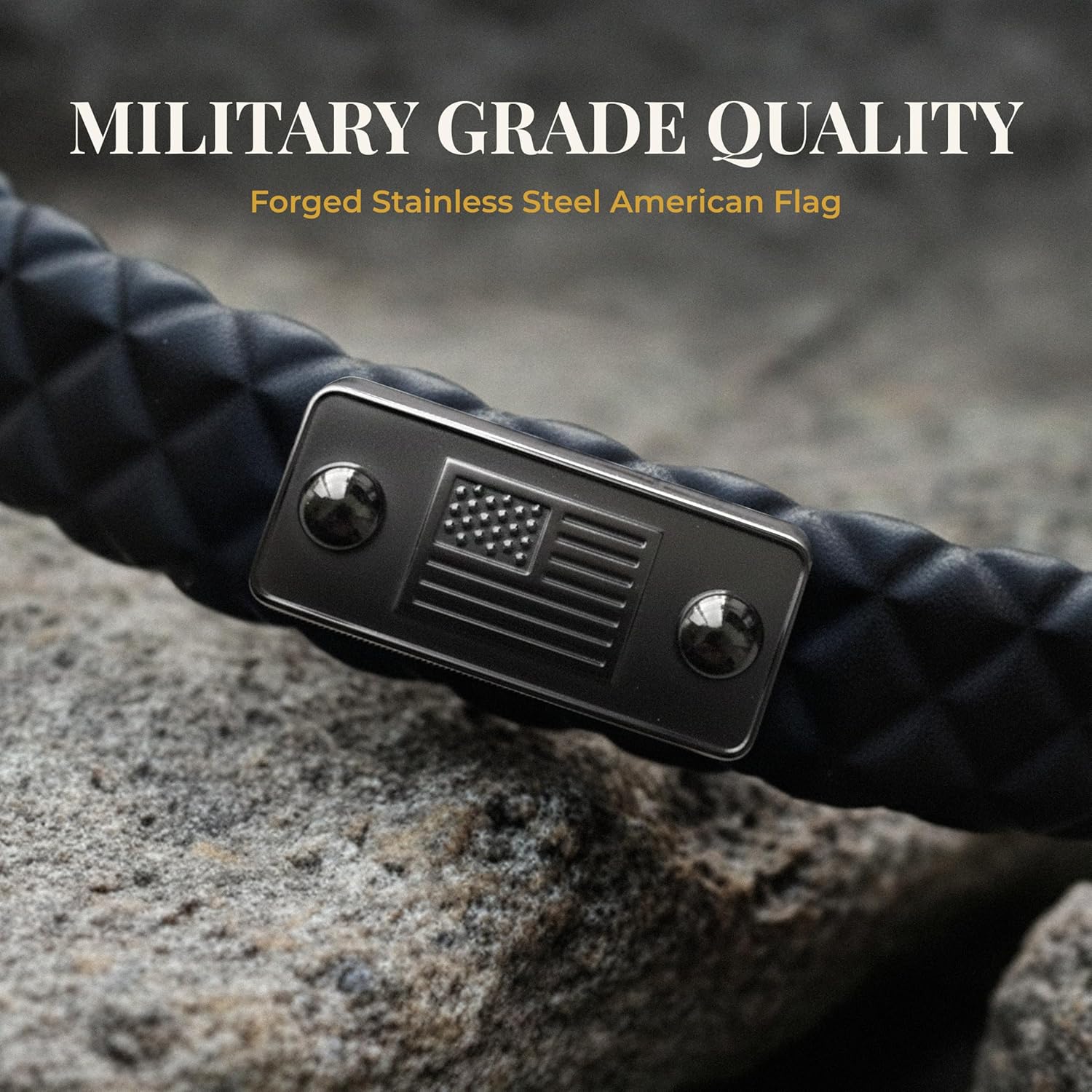 Rowdy Parrot Spartan StormSilk™ Tactical Rubber Bracelet with Stainless Steel USA Flag & Magnetic Closure - Supports Pairing Military Veterans & K-9 Dog Companions