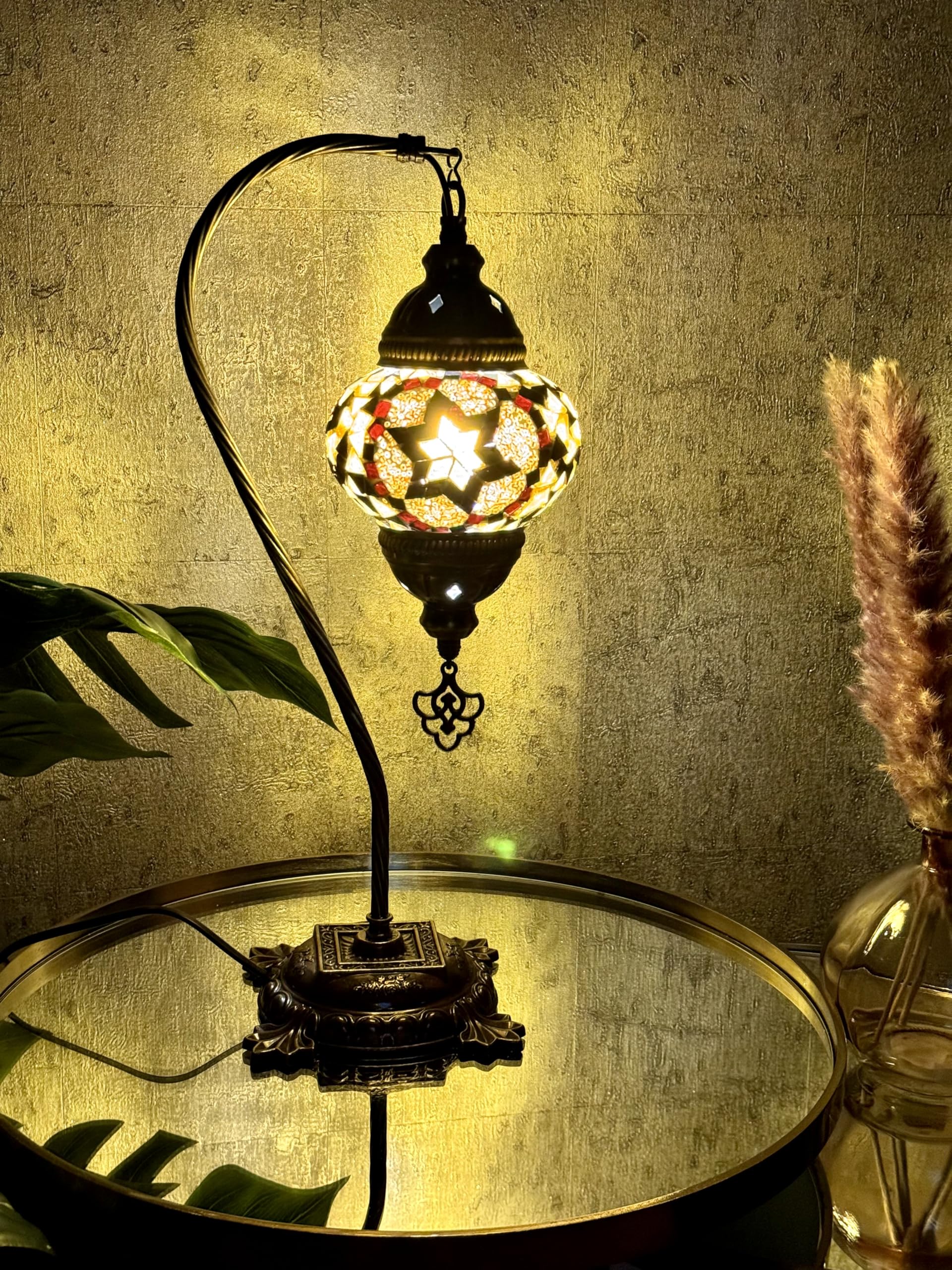 Lightza Handmade Turkish Moroccan Mosaic Desk Lamp LED Bulb | Swan Neck Unique Globe Lampshade Table Light | UK Tested Safe Energy Efficient (Golden & Black Star) — image 1