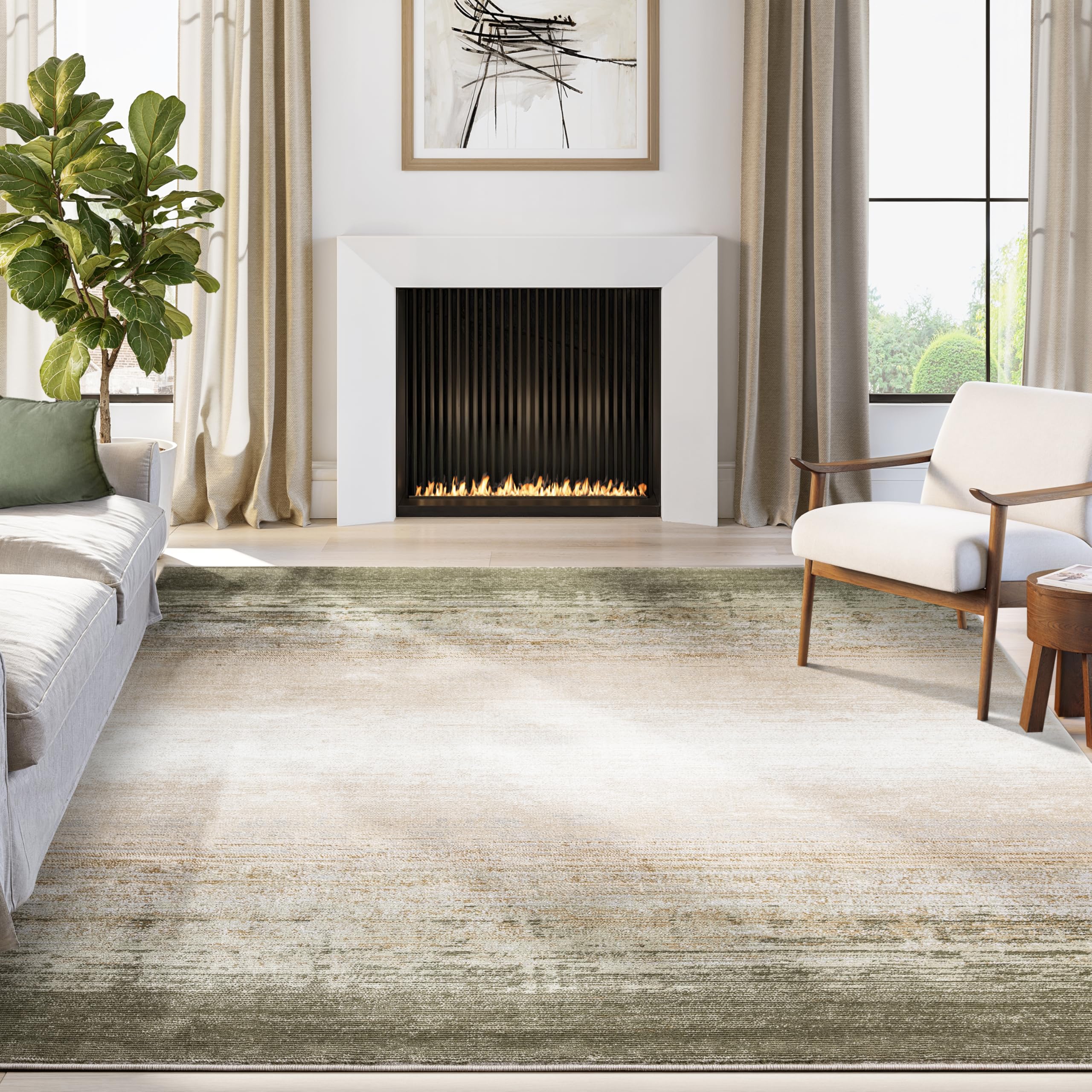 Abani Green Ombre Beige Washable Area Rug – 5' x 8' – Modern Gradient Design – Ivy Collection – Easy to Clean – Durable for High Traffic Areas –