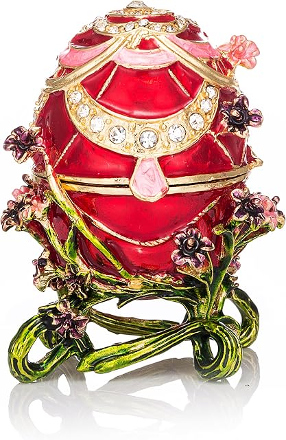 QIFU Hand Painted Enameled Faberge Egg Style Decorative Hinged Jewelry Trinket Box Unique Gift for Home Decor