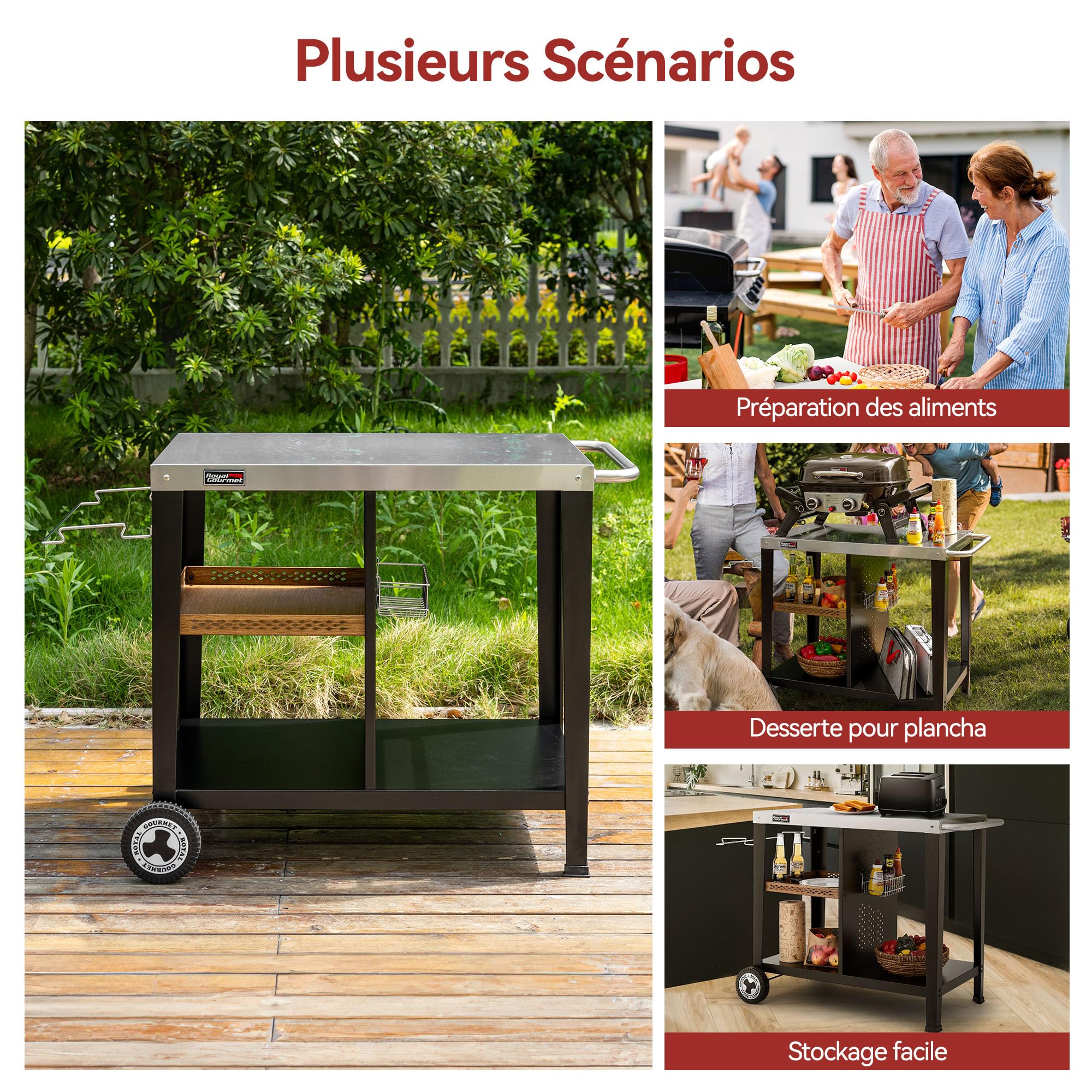 Royal Gourmet Desserte Extérieure pour Plancha, Chariot pour Barbecue avec Dessus de Table en Acier Inoxydable 85 x 50 cm, Style Vintage Industriel, Convient pour Cuisine et Jardin