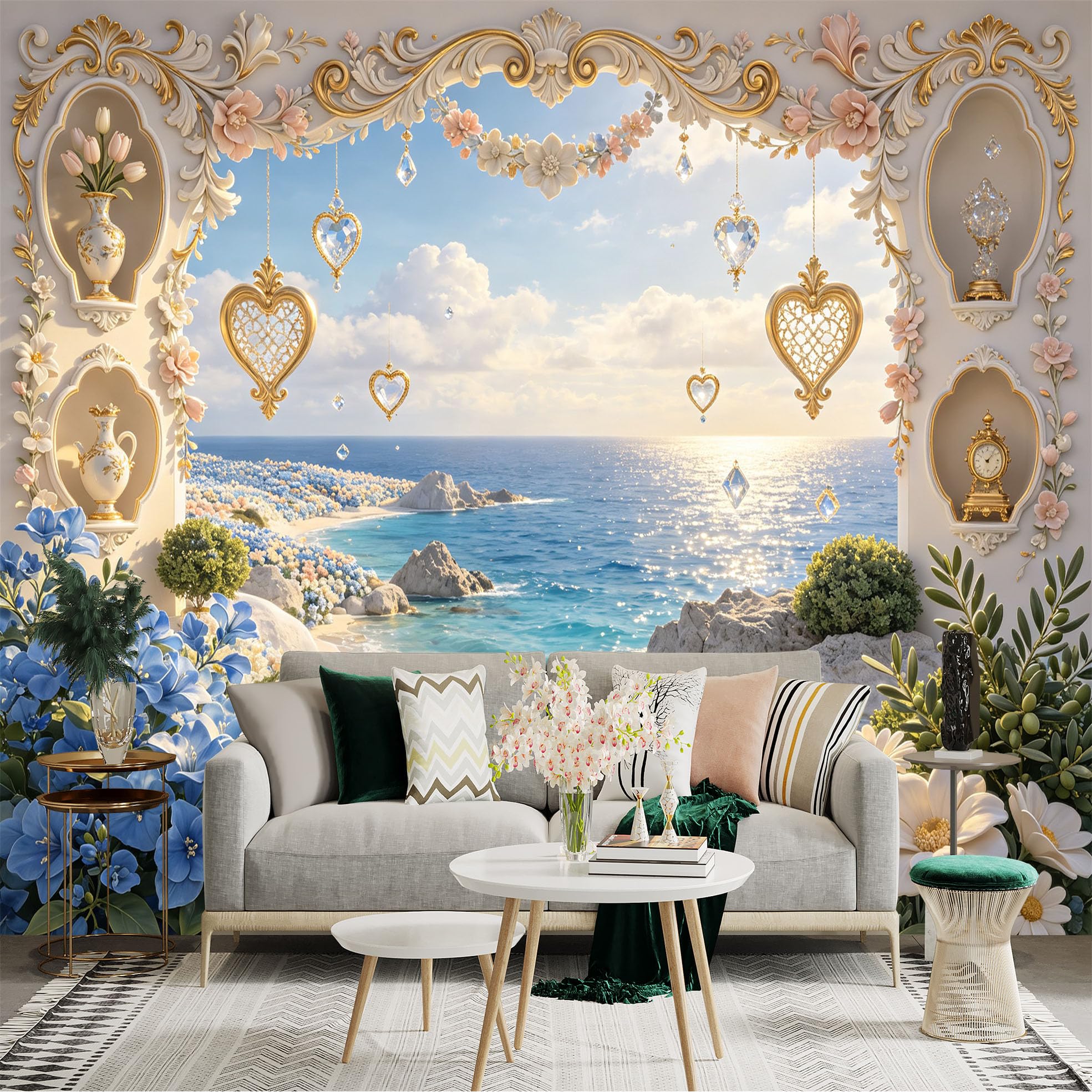 Lnzczhyre Bh260719685 Custom Size Wall Sticker Mural， Elegant Coastal Archway， Blooming Blue Floral Garden， Sparkling Hanging Heart Ornaments， Sunny Ocean View， For Wall Decoration， Peelandstick Wall Decals.
