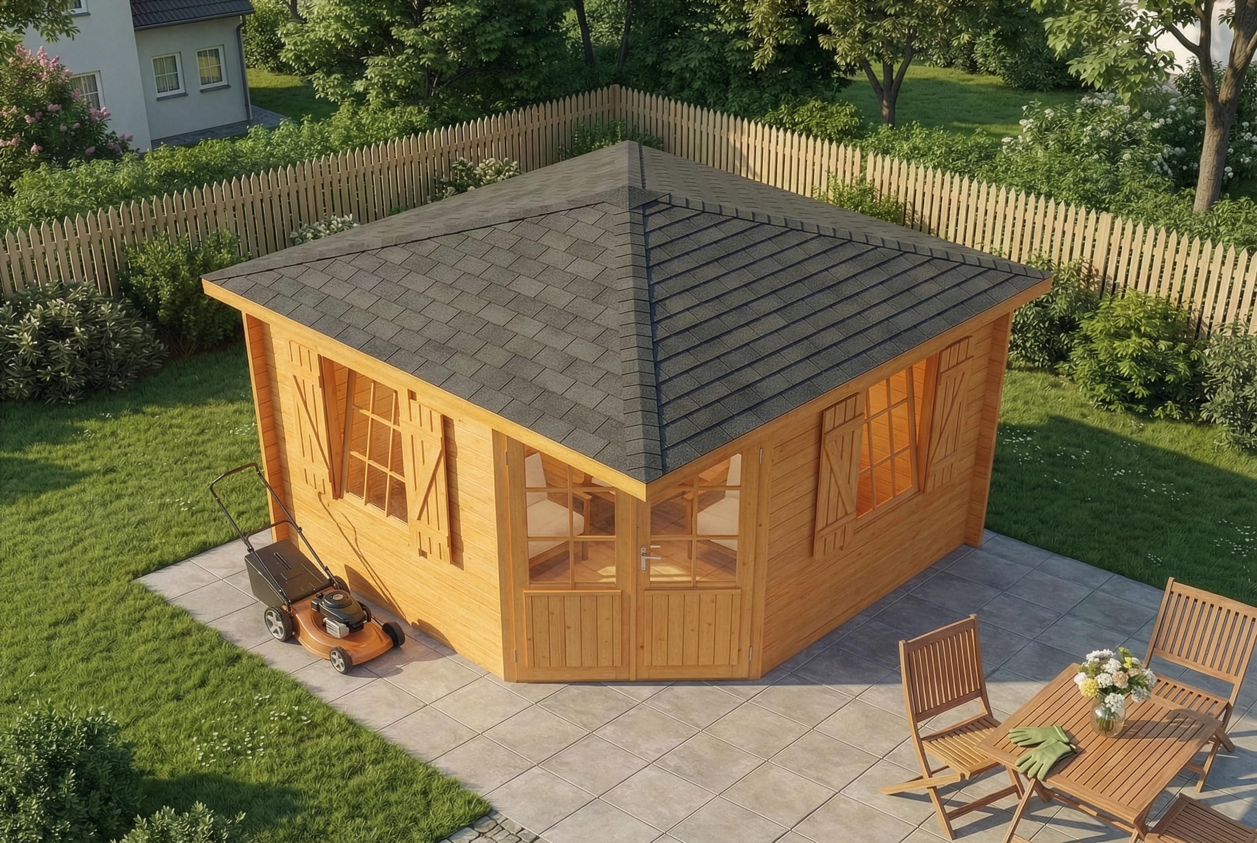 Alpholz 5-Eck Gartenhaus Monica Royal Gartenhaus aus Holz in Pinie, Holzhaus mit 28 mm Wandstärke, Blockbohlenhaus mit Montagematerial