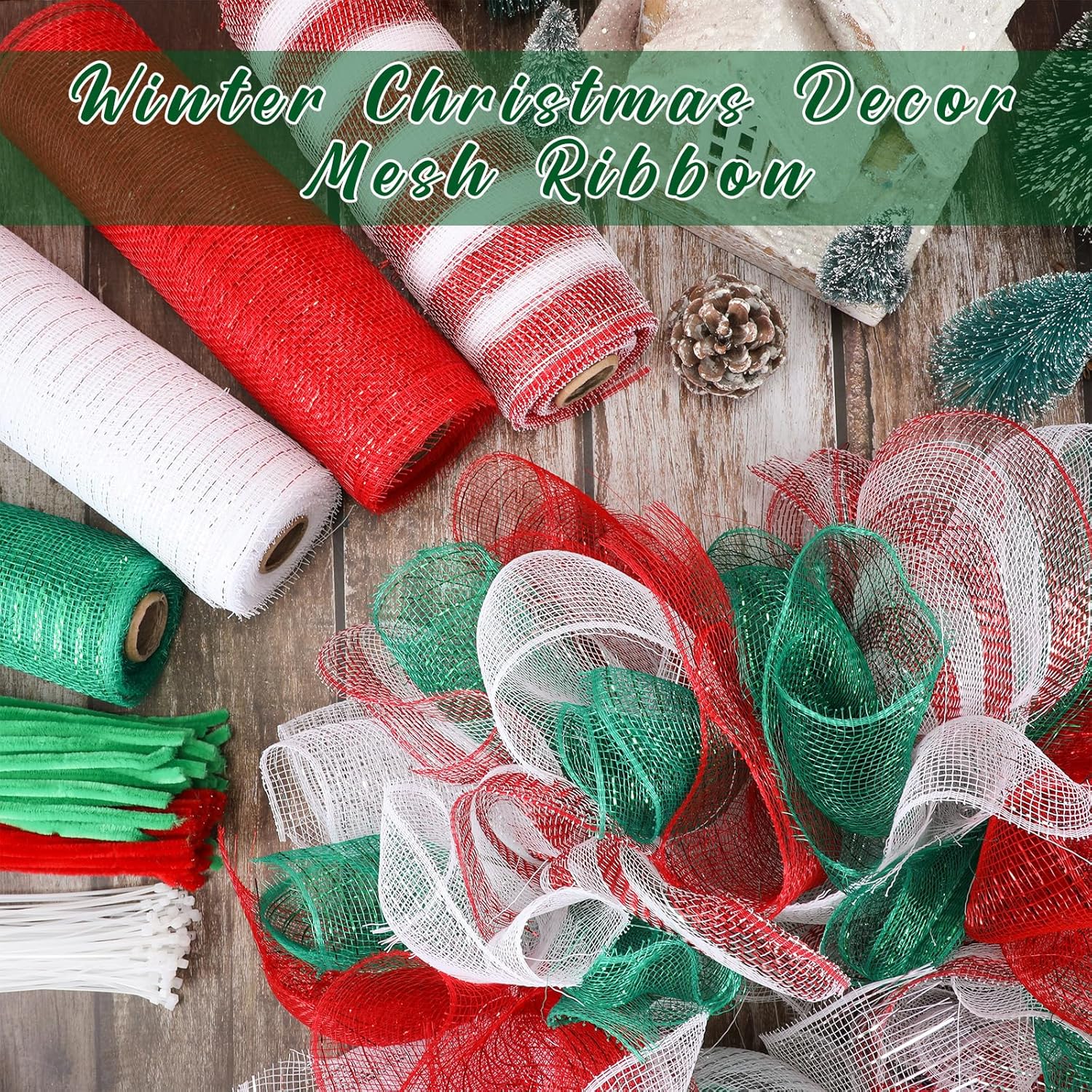 Funtery 4 Rolls 40 Yard Christmas Deco Mesh Decorative Mesh Ribbon Roll with Chenille Stem and Clear Zip Ties for Wedding Valentine Bouquet Wreath Xmas Tree Garland Swag Craft(Novelty Colors)